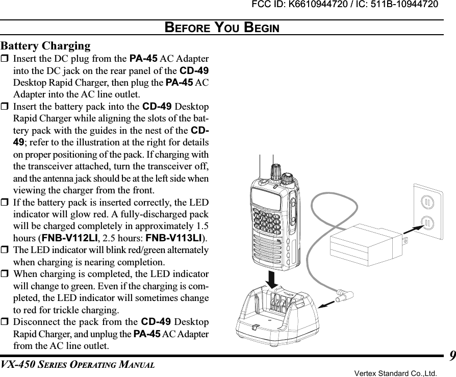 VX-450 SERIES OPERATING MANUAL9BEFORE YOU BEGINBattery ChargingInsert the DC plug from the PA-45 AC Adapterinto the DC jack on the rear panel of the CD-49Desktop Rapid Charger, then plug the PA-45 ACAdapter into the AC line outlet.Insert the battery pack into the CD-49 DesktopRapid Charger while aligning the slots of the bat-tery pack with the guides in the nest of the CD-49; refer to the illustration at the right for detailson proper positioning of the pack. If charging withthe transceiver attached, turn the transceiver off,and the antenna jack should be at the left side whenviewing the charger from the front.If the battery pack is inserted correctly, the LEDindicator will glow red. A fully-discharged packwill be charged completely in approximately 1.5hours (FNB-V112LI, 2.5 hours: FNB-V113LI).The LED indicator will blink red/green alternatelywhen charging is nearing completion.When charging is completed, the LED indicatorwill change to green. Even if the charging is com-pleted, the LED indicator will sometimes changeto red for trickle charging.Disconnect the pack from the CD-49 DesktopRapid Charger, and unplug the PA-45 AC Adapterfrom the AC line outlet.FCC ID: K6610944720 / IC: 511B-10944720Vertex Standard Co.,Ltd.FCC ID: K6610944720 / IC: 511B-10944720