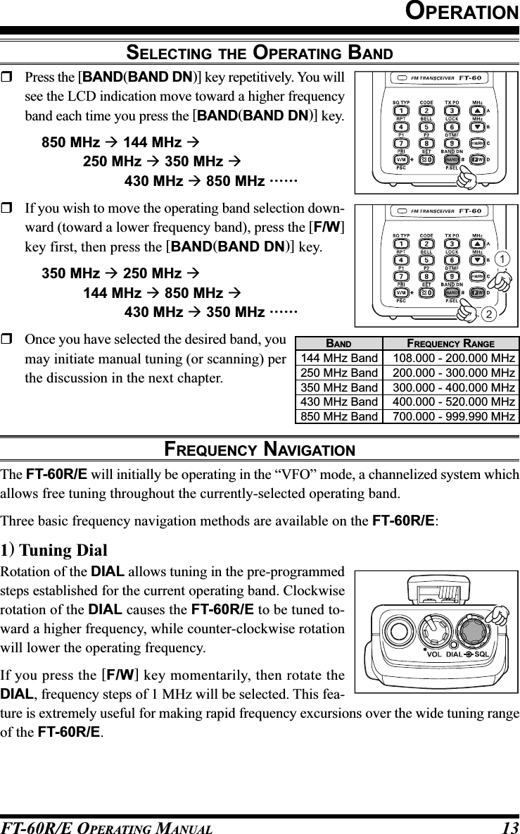 FT-60R/E OPERATING MANUAL 13OPERATIONSELECTING THE OPERATING BANDPress the [BAND(BAND DN)] key repetitively. You willsee the LCD indication move toward a higher frequencyband each time you press the [BAND(BAND DN)] key.850 MHz  144 MHz 250 MHz  350 MHz 430 MHz  850 MHz ……If you wish to move the operating band selection down-ward (toward a lower frequency band), press the [F/W]key first, then press the [BAND(BAND DN)] key.350 MHz  250 MHz 144 MHz  850 MHz 430 MHz  350 MHz ……Once you have selected the desired band, youmay initiate manual tuning (or scanning) perthe discussion in the next chapter.FREQUENCY NAVIGATIONThe FT-60R/E will initially be operating in the “VFO” mode, a channelized system whichallows free tuning throughout the currently-selected operating band.Three basic frequency navigation methods are available on the FT-60R/E:1) Tuning DialRotation of the DIAL allows tuning in the pre-programmedsteps established for the current operating band. Clockwiserotation of the DIAL causes the FT-60R/E to be tuned to-ward a higher frequency, while counter-clockwise rotationwill lower the operating frequency.If you press the [F/W] key momentarily, then rotate theDIAL, frequency steps of 1 MHz will be selected. This fea-ture is extremely useful for making rapid frequency excursions over the wide tuning rangeof the FT-60R/E.FREQUENCY RANGE108.000 - 200.000 MHz200.000 - 300.000 MHz300.000 - 400.000 MHz400.000 - 520.000 MHz700.000 - 999.990 MHzBAND144 MHz Band250 MHz Band350 MHz Band430 MHz Band850 MHz Band