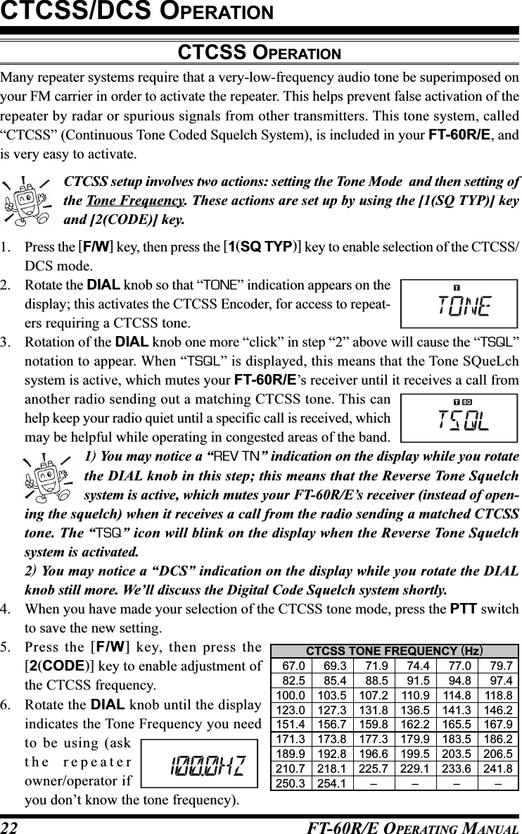 FT-60R/E OPERATING MANUAL22CTCSS OPERATIONMany repeater systems require that a very-low-frequency audio tone be superimposed onyour FM carrier in order to activate the repeater. This helps prevent false activation of therepeater by radar or spurious signals from other transmitters. This tone system, called“CTCSS” (Continuous Tone Coded Squelch System), is included in your FT-60R/E, andis very easy to activate.CTCSS setup involves two actions: setting the Tone Mode  and then setting ofthe Tone Frequency. These actions are set up by using the [1(SQ TYP)] keyand [2(CODE)] key.1. Press the [F/W] key, then press the [1(SQ TYP)] key to enable selection of the CTCSS/DCS mode.2. Rotate the DIAL knob so that “TONE” indication appears on thedisplay; this activates the CTCSS Encoder, for access to repeat-ers requiring a CTCSS tone.3. Rotation of the DIAL knob one more “click” in step “2” above will cause the “TSQL”notation to appear. When “TSQL” is displayed, this means that the Tone SQueLchsystem is active, which mutes your FT-60R/E’s receiver until it receives a call fromanother radio sending out a matching CTCSS tone. This canhelp keep your radio quiet until a specific call is received, whichmay be helpful while operating in congested areas of the band.1) You may notice a “REV TN” indication on the display while you rotatethe DIAL knob in this step; this means that the Reverse Tone Squelchsystem is active, which mutes your FT-60R/E’s receiver (instead of open-ing the squelch) when it receives a call from the radio sending a matched CTCSStone. The “TSQ” icon will blink on the display when the Reverse Tone Squelchsystem is activated.2) You may notice a “DCS” indication on the display while you rotate the DIALknob still more. We’ll discuss the Digital Code Squelch system shortly.4. When you have made your selection of the CTCSS tone mode, press the PTT switchto save the new setting.5. Press the [F/W] key, then press the[2(CODE)] key to enable adjustment ofthe CTCSS frequency.6. Rotate the DIAL knob until the displayindicates the Tone Frequency you needto be using (askthe repeaterowner/operator ifyou don’t know the tone frequency).CTCSS/DCS OPERATIONCTCSS TONE FREQUENCY (Hz)  67.0   69.3   71.9   74.4   77.0   79.7  82.5   85.4   88.5   91.5   94.8   97.4100.0 103.5 107.2 110.9 114.8 118.8123.0 127.3 131.8 136.5 141.3 146.2151.4 156.7 159.8 162.2 165.5 167.9171.3 173.8 177.3 179.9 183.5 186.2189.9 192.8 196.6 199.5 203.5 206.5210.7 218.1 225.7 229.1 233.6 241.8250.3 254.1 ––––