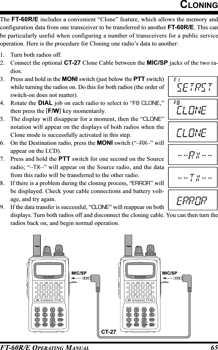 FT-60R/E OPERATING MANUAL 65The FT-60R/E includes a convenient “Clone” feature, which allows the memory andconfiguration data from one transceiver to be transferred to another FT-60R/E. This canbe particularly useful when configuring a number of transceivers for a public serviceoperation. Here is the procedure for Cloning one radio’s data to another:1. Turn both radios off.2. Connect the optional CT-27 Clone Cable between the MIC/SP jacks of the two ra-dios.3. Press and hold in the MONI switch (just below the PTT switch)while turning the radios on. Do this for both radios (the order ofswitch-on does not matter).4. Rotate the DIAL job on each radio to select to “F8 CLONE,”then press the [F/W] key momentarily.5. The display will disappear for a moment, then the “CLONE”notation will appear on the displays of both radios when theClone mode is successfully activated in this step.6. On the Destination radio, press the MONI switch (“--RX--” willappear on the LCD).7. Press and hold the PTT switch for one second on the Sourceradio; “- -TX- -” will appear on the Source radio, and the datafrom this radio will be transferred to the other radio.8. If there is a problem during the cloning process, “ERROR” willbe displayed. Check your cable connections and battery volt-age, and try again.9. If the data transfer is successful, “CLONE” will reappear on bothdisplays. Turn both radios off and disconnect the cloning cable. You can then turn theradios back on, and begin normal operation.CLONINGCT-27MIC/SP MIC/SP