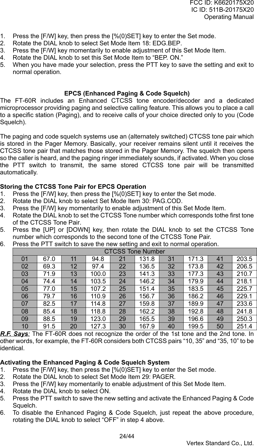 FCC ID: K6620175X20IC ID: 511B-20175X20Operating Manual 24/44Vertex Standard Co., Ltd.1.  Press the [F/W] key, then press the [%(0)SET] key to enter the Set mode.2.  Rotate the DIAL knob to select Set Mode Item 18: EDG.BEP.3.  Press the [F/W] key momentarily to enable adjustment of this Set Mode Item.4.  Rotate the DIAL knob to set this Set Mode Item to “BEP. ON.”5.  When you have made your selection, press the PTT key to save the setting and exit tonormal operation.EPCS (Enhanced Paging &amp; Code Squelch)The FT-60R includes an Enhanced CTCSS tone encoder/decoder and a dedicatedmicroprocessor providing paging and selective calling feature. This allows you to place a callto a specific station (Paging), and to receive calls of your choice directed only to you (CodeSquelch).The paging and code squelch systems use an (alternately switched) CTCSS tone pair whichis stored in the Pager Memory. Basically, your receiver remains silent until it receives theCTCSS tone pair that matches those stored in the Pager Memory. The squelch then opensso the caller is heard, and the paging ringer immediately sounds, if activated. When you closethe PTT switch to transmit, the same stored CTCSS tone pair will be transmittedautomatically.Storing the CTCSS Tone Pair for EPCS Operation1.  Press the [F/W] key, then press the [%(0)SET] key to enter the Set mode.2.  Rotate the DIAL knob to select Set Mode Item 30: PAG.COD.3.  Press the [F/W] key momentarily to enable adjustment of this Set Mode Item.4.  Rotate the DIAL knob to set the CTCSS Tone number which corresponds tothe first toneof the CTCSS Tone Pair.5.  Press the [UP] or [DOWN] key, then rotate the DIAL knob to set the CTCSS Tonenumber which corresponds to the second tone of the CTCSS Tone Pair.6.  Press the PTT switch to save the new setting and exit to normal operation.CTCSS Tone Number01 67.0 11 94.8 21 131.8 31 171.3 41 203.502 69.3 12 97.4 22 136.5 32 173.8 42 206.503 71.9 13 100.0 23 141.3 33 177.3 43 210.704 74.4 14 103.5 24 146.2 34 179.9 44 218.105 77.0 15 107.2 25 151.4 35 183.5 45 225.706 79.7 16 110.9 26 156.7 36 186.2 46 229.107 82.5 17 114.8 27 159.8 37 189.9 47 233.608 85.4 18 118.8 28 162.2 38 192.8 48 241.809 88.5 19 123.0 29 165.5 39 196.6 49 250.310 91.5 20 127.3 30 167.9 40 199.5 50 251.4R.F. Says: The FT-60R does not recognize the order of the 1st tone and the 2nd tone. Inother words, for example, the FT-60R considers both CTCSS pairs “10, 35” and “35, 10” to beidentical.Activating the Enhanced Paging &amp; Code Squelch System1.  Press the [F/W] key, then press the [%(0)SET] key to enter the Set mode.2.  Rotate the DIAL knob to select Set Mode Item 29: PAGER.3.  Press the [F/W] key momentarily to enable adjustment of this Set Mode Item.4.  Rotate the DIAL knob to select ON.5.  Press the PTT switch to save the new setting and activate the Enhanced Paging &amp; CodeSquelch.6.  To disable the Enhanced Paging &amp; Code Squelch, just repeat the above procedure,rotating the DIAL knob to select “OFF” in step 4 above.