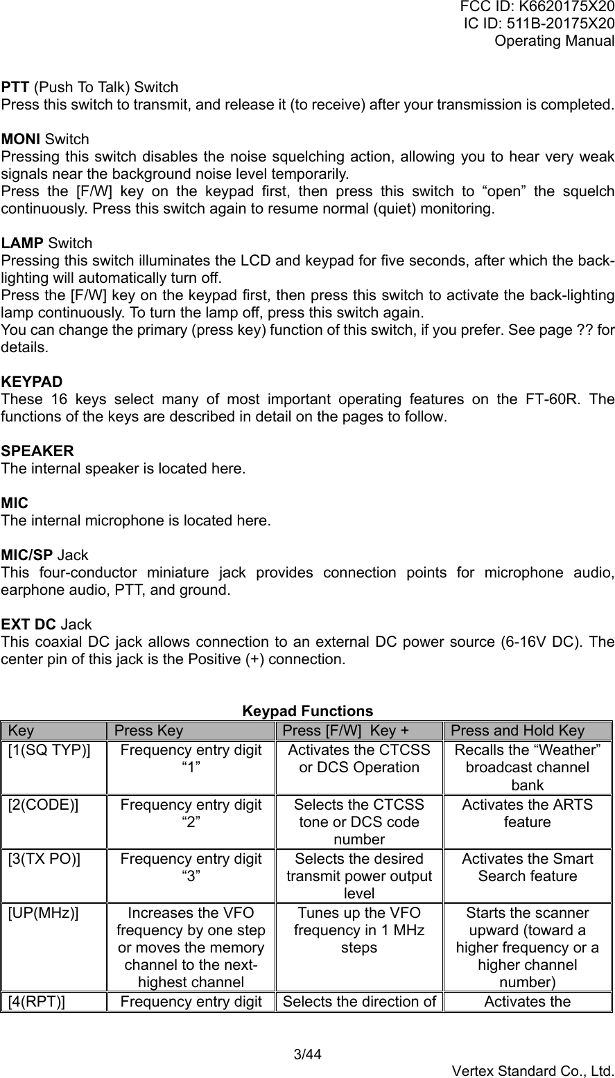 FCC ID: K6620175X20IC ID: 511B-20175X20Operating Manual 3/44Vertex Standard Co., Ltd.PTT (Push To Talk) SwitchPress this switch to transmit, and release it (to receive) after your transmission is completed.MONI SwitchPressing this switch disables the noise squelching action, allowing you to hear very weaksignals near the background noise level temporarily.Press the [F/W] key on the keypad first, then press this switch to “open” the squelchcontinuously. Press this switch again to resume normal (quiet) monitoring.LAMP SwitchPressing this switch illuminates the LCD and keypad for five seconds, after which the back-lighting will automatically turn off.Press the [F/W] key on the keypad first, then press this switch to activate the back-lightinglamp continuously. To turn the lamp off, press this switch again.You can change the primary (press key) function of this switch, if you prefer. See page ?? fordetails.KEYPADThese 16 keys select many of most important operating features on the FT-60R. Thefunctions of the keys are described in detail on the pages to follow.SPEAKERThe internal speaker is located here.MICThe internal microphone is located here.MIC/SP JackThis four-conductor miniature jack provides connection points for microphone audio,earphone audio, PTT, and ground.EXT DC JackThis coaxial DC jack allows connection to an external DC power source (6-16V DC). Thecenter pin of this jack is the Positive (+) connection.Keypad FunctionsKey Press Key Press [F/W]  Key + Press and Hold Key[1(SQ TYP)] Frequency entry digit“1”Activates the CTCSSor DCS OperationRecalls the “Weather”broadcast channelbank[2(CODE)] Frequency entry digit“2”Selects the CTCSStone or DCS codenumberActivates the ARTSfeature[3(TX PO)] Frequency entry digit“3”Selects the desiredtransmit power outputlevelActivates the SmartSearch feature[UP(MHz)] Increases the VFOfrequency by one stepor moves the memorychannel to the next-highest channelTunes up the VFOfrequency in 1 MHzstepsStarts the scannerupward (toward ahigher frequency or ahigher channelnumber)[4(RPT)] Frequency entry digit Selects the direction of Activates the