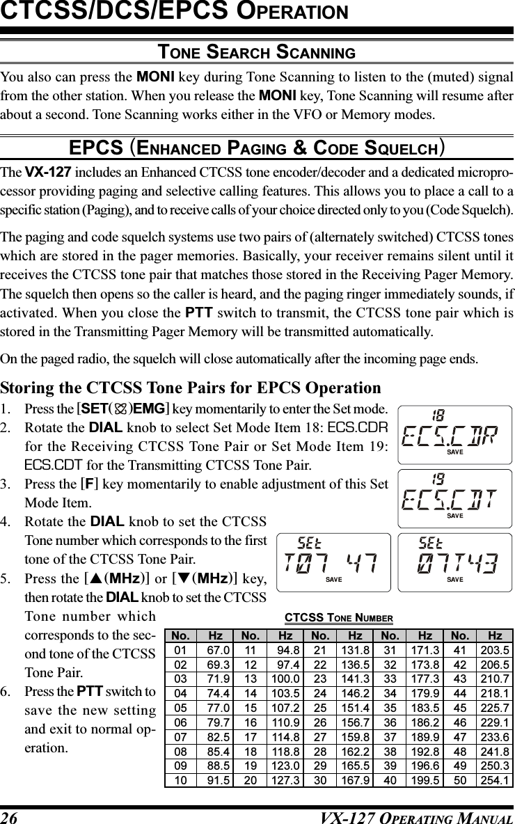 VX-127 OPERATING MANUAL26You also can press the MONI key during Tone Scanning to listen to the (muted) signalfrom the other station. When you release the MONI key, Tone Scanning will resume afterabout a second. Tone Scanning works either in the VFO or Memory modes.EPCS (ENHANCED PAGING &amp; CODE SQUELCH)The VX-127 includes an Enhanced CTCSS tone encoder/decoder and a dedicated micropro-cessor providing paging and selective calling features. This allows you to place a call to aspecific station (Paging), and to receive calls of your choice directed only to you (Code Squelch).The paging and code squelch systems use two pairs of (alternately switched) CTCSS toneswhich are stored in the pager memories. Basically, your receiver remains silent until itreceives the CTCSS tone pair that matches those stored in the Receiving Pager Memory.The squelch then opens so the caller is heard, and the paging ringer immediately sounds, ifactivated. When you close the PTT switch to transmit, the CTCSS tone pair which isstored in the Transmitting Pager Memory will be transmitted automatically.On the paged radio, the squelch will close automatically after the incoming page ends.Storing the CTCSS Tone Pairs for EPCS Operation1. Press the [SET( )EMG] key momentarily to enter the Set mode.2. Rotate the DIAL knob to select Set Mode Item 18: ECS.CDRfor the Receiving CTCSS Tone Pair or Set Mode Item 19:ECS.CDT for the Transmitting CTCSS Tone Pair.3. Press the [F] key momentarily to enable adjustment of this SetMode Item.4. Rotate the DIAL knob to set the CTCSSTone number which corresponds to the firsttone of the CTCSS Tone Pair.5. Press the [(MHz)] or [(MHz)] key,then rotate the DIAL knob to set the CTCSSTone number whichcorresponds to the sec-ond tone of the CTCSSTone Pair.6. Press the PTT switch tosave the new settingand exit to normal op-eration.CTCSS/DCS/EPCS OPERATIONHz67.069.371.974.477.079.782.585.488.591.5No.01020304050607080910Hz94.897.4100.0103.5107.2110.9114.8118.8123.0127.3No.11121314151617181920Hz131.8136.5141.3146.2151.4156.7159.8162.2165.5167.9No.21222324252627282930Hz171.3173.8177.3179.9183.5186.2189.9192.8196.6199.5No.31323334353637383940Hz203.5206.5210.7218.1225.7229.1233.6241.8250.3254.1No.41424344454647484950CTCSS TONE NUMBERTONE SEARCH SCANNING