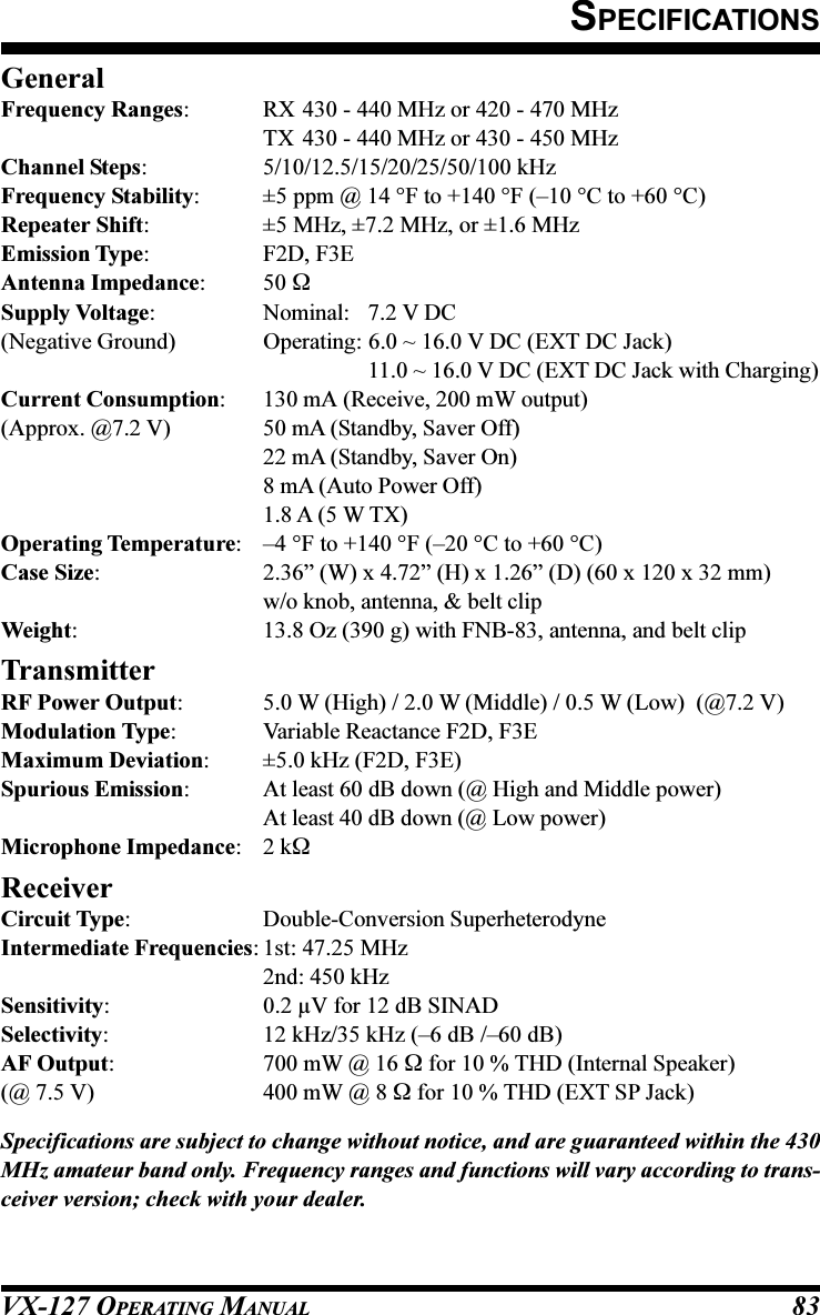 VX-127 OPERATING MANUAL 83GeneralFrequency Ranges: RX 430 - 440 MHz or 420 - 470 MHzTX 430 - 440 MHz or 430 - 450 MHzChannel Steps: 5/10/12.5/15/20/25/50/100 kHzFrequency Stability: ±5 ppm @ 14 °F to +140 °F (–10 °C to +60 °C)Repeater Shift: ±5 MHz, ±7.2 MHz, or ±1.6 MHzEmission Type: F2D, F3EAntenna Impedance: 50 ΩSupply Voltage: Nominal: 7.2 V DC(Negative Ground) Operating: 6.0 ~ 16.0 V DC (EXT DC Jack)11.0 ~ 16.0 V DC (EXT DC Jack with Charging)Current Consumption: 130 mA (Receive, 200 mW output)(Approx. @7.2 V) 50 mA (Standby, Saver Off)22 mA (Standby, Saver On)8 mA (Auto Power Off)1.8 A (5 W TX)Operating Temperature: –4 °F to +140 °F (–20 °C to +60 °C)Case Size: 2.36” (W) x 4.72” (H) x 1.26” (D) (60 x 120 x 32 mm)w/o knob, antenna, &amp; belt clipWeight: 13.8 Oz (390 g) with FNB-83, antenna, and belt clipTransmitterRF Power Output: 5.0 W (High) / 2.0 W (Middle) / 0.5 W (Low)  (@7.2 V)Modulation Type: Variable Reactance F2D, F3EMaximum Deviation: ±5.0 kHz (F2D, F3E)Spurious Emission: At least 60 dB down (@ High and Middle power)At least 40 dB down (@ Low power)Microphone Impedance:2 kΩReceiverCircuit Type: Double-Conversion SuperheterodyneIntermediate Frequencies: 1st: 47.25 MHz2nd: 450 kHzSensitivity: 0.2 µV for 12 dB SINADSelectivity: 12 kHz/35 kHz (–6 dB /–60 dB)AF Output: 700 mW @ 16 Ω for 10 % THD (Internal Speaker)(@ 7.5 V) 400 mW @ 8 Ω for 10 % THD (EXT SP Jack)Specifications are subject to change without notice, and are guaranteed within the 430MHz amateur band only. Frequency ranges and functions will vary according to trans-ceiver version; check with your dealer.SPECIFICATIONS