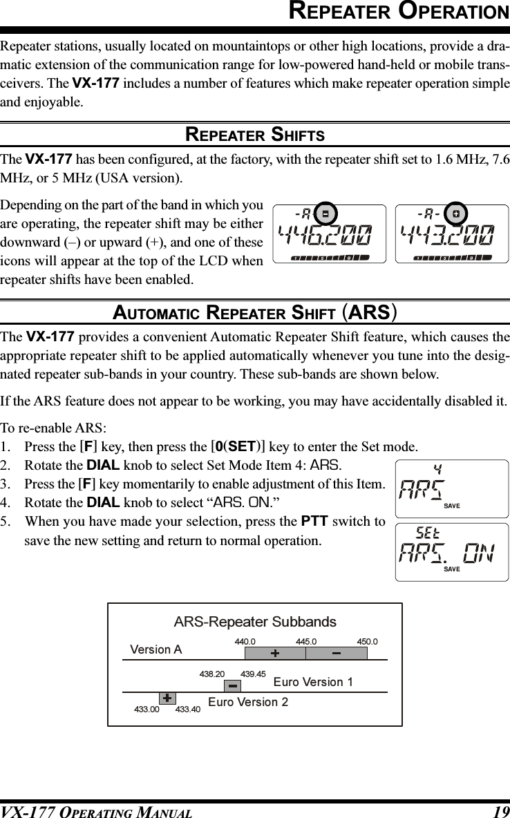 VX-177 OPERATING MANUAL 19REPEATER OPERATIONRepeater stations, usually located on mountaintops or other high locations, provide a dra-matic extension of the communication range for low-powered hand-held or mobile trans-ceivers. The VX-177 includes a number of features which make repeater operation simpleand enjoyable.REPEATER SHIFTSThe VX-177 has been configured, at the factory, with the repeater shift set to 1.6 MHz, 7.6MHz, or 5 MHz (USA version).Depending on the part of the band in which youare operating, the repeater shift may be eitherdownward (–) or upward (+), and one of theseicons will appear at the top of the LCD whenrepeater shifts have been enabled.AUTOMATIC REPEATER SHIFT (ARS)The VX-177 provides a convenient Automatic Repeater Shift feature, which causes theappropriate repeater shift to be applied automatically whenever you tune into the desig-nated repeater sub-bands in your country. These sub-bands are shown below.If the ARS feature does not appear to be working, you may have accidentally disabled it.To re-enable ARS:1. Press the [F] key, then press the [0(SET)] key to enter the Set mode.2. Rotate the DIAL knob to select Set Mode Item 4: ARS.3. Press the [F] key momentarily to enable adjustment of this Item.4. Rotate the DIAL knob to select “ARS. ON.”5. When you have made your selection, press the PTT switch tosave the new setting and return to normal operation.Euro Version 1Euro Version 2Version A440.0 445.0 450.0439.45438.20433.00 433.40ARS-Repeater Subbands