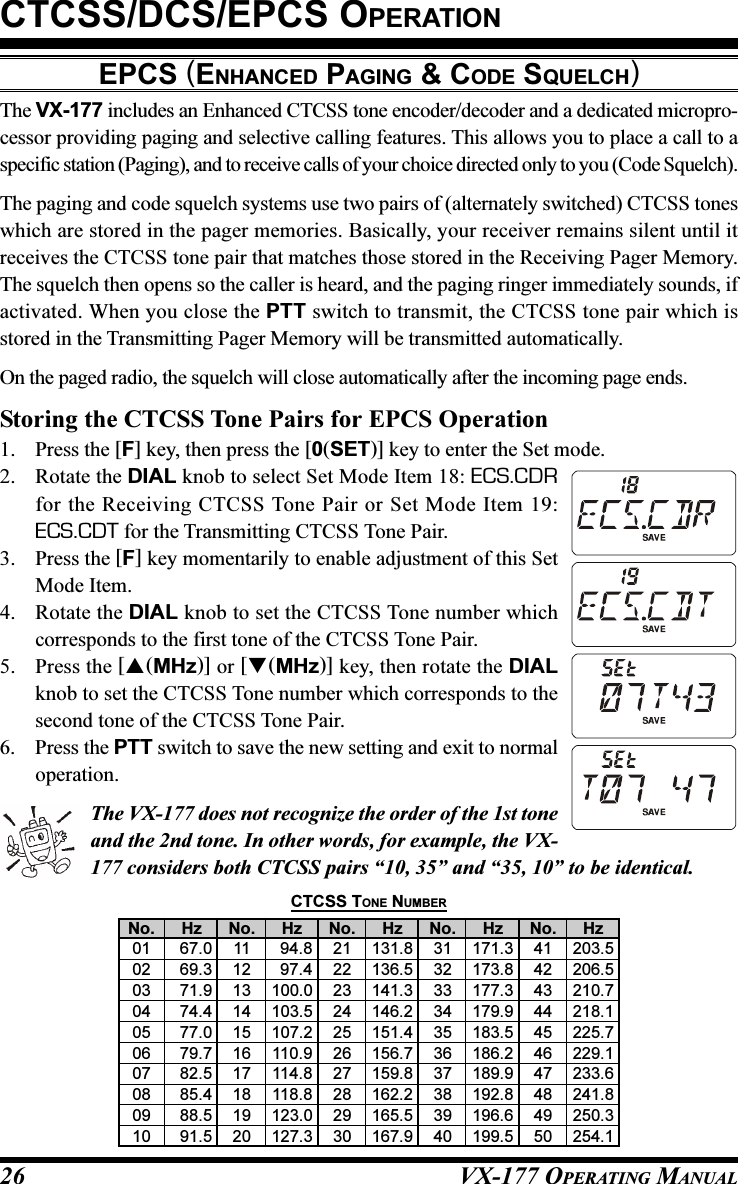 VX-177 OPERATING MANUAL26EPCS (ENHANCED PAGING &amp; CODE SQUELCH)The VX-177 includes an Enhanced CTCSS tone encoder/decoder and a dedicated micropro-cessor providing paging and selective calling features. This allows you to place a call to aspecific station (Paging), and to receive calls of your choice directed only to you (Code Squelch).The paging and code squelch systems use two pairs of (alternately switched) CTCSS toneswhich are stored in the pager memories. Basically, your receiver remains silent until itreceives the CTCSS tone pair that matches those stored in the Receiving Pager Memory.The squelch then opens so the caller is heard, and the paging ringer immediately sounds, ifactivated. When you close the PTT switch to transmit, the CTCSS tone pair which isstored in the Transmitting Pager Memory will be transmitted automatically.On the paged radio, the squelch will close automatically after the incoming page ends.Storing the CTCSS Tone Pairs for EPCS Operation1. Press the [F] key, then press the [0(SET)] key to enter the Set mode.2. Rotate the DIAL knob to select Set Mode Item 18: ECS.CDRfor the Receiving CTCSS Tone Pair or Set Mode Item 19:ECS.CDT for the Transmitting CTCSS Tone Pair.3. Press the [F] key momentarily to enable adjustment of this SetMode Item.4. Rotate the DIAL knob to set the CTCSS Tone number whichcorresponds to the first tone of the CTCSS Tone Pair.5. Press the [(MHz)] or [(MHz)] key, then rotate the DIALknob to set the CTCSS Tone number which corresponds to thesecond tone of the CTCSS Tone Pair.6. Press the PTT switch to save the new setting and exit to normaloperation.The VX-177 does not recognize the order of the 1st toneand the 2nd tone. In other words, for example, the VX-177 considers both CTCSS pairs “10, 35” and “35, 10” to be identical.CTCSS/DCS/EPCS OPERATIONHz67.069.371.974.477.079.782.585.488.591.5No.01020304050607080910Hz94.897.4100.0103.5107.2110.9114.8118.8123.0127.3No.11121314151617181920Hz131.8136.5141.3146.2151.4156.7159.8162.2165.5167.9No.21222324252627282930Hz171.3173.8177.3179.9183.5186.2189.9192.8196.6199.5No.31323334353637383940Hz203.5206.5210.7218.1225.7229.1233.6241.8250.3254.1No.41424344454647484950CTCSS TONE NUMBER