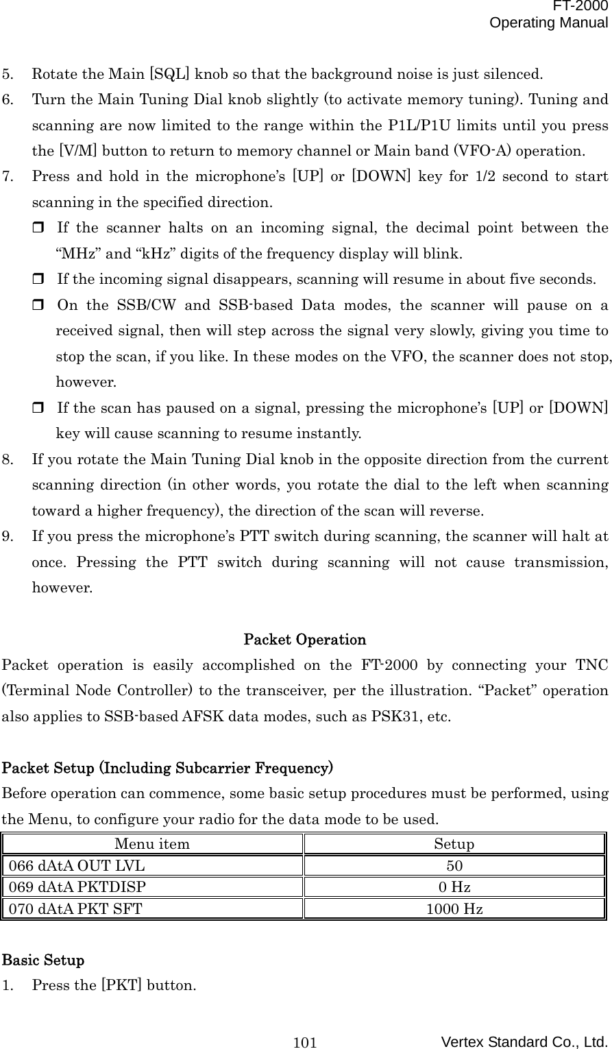  FT-2000 Operating Manual Vertex Standard Co., Ltd. 1015.  Rotate the Main [SQL] knob so that the background noise is just silenced. 6.  Turn the Main Tuning Dial knob slightly (to activate memory tuning). Tuning and scanning are now limited to the range within the P1L/P1U limits until you press the [V/M] button to return to memory channel or Main band (VFO-A) operation. 7.  Press and hold in the microphone’s [UP] or [DOWN] key for 1/2 second to start scanning in the specified direction.  If the scanner halts on an incoming signal, the decimal point between the “MHz” and “kHz” digits of the frequency display will blink.  If the incoming signal disappears, scanning will resume in about five seconds.  On the SSB/CW and SSB-based Data modes, the scanner will pause on a received signal, then will step across the signal very slowly, giving you time to stop the scan, if you like. In these modes on the VFO, the scanner does not stop, however.  If the scan has paused on a signal, pressing the microphone’s [UP] or [DOWN] key will cause scanning to resume instantly. 8.  If you rotate the Main Tuning Dial knob in the opposite direction from the current scanning direction (in other words, you rotate the dial to the left when scanning toward a higher frequency), the direction of the scan will reverse. 9.  If you press the microphone’s PTT switch during scanning, the scanner will halt at once. Pressing the PTT switch during scanning will not cause transmission, however.  Packet Operation Packet operation is easily accomplished on the FT-2000 by connecting your TNC (Terminal Node Controller) to the transceiver, per the illustration. “Packet” operation also applies to SSB-based AFSK data modes, such as PSK31, etc.  Packet Setup (Including Subcarrier Frequency) Before operation can commence, some basic setup procedures must be performed, using the Menu, to configure your radio for the data mode to be used. Menu item  Setup 066 dAtA OUT LVL  50 069 dAtA PKTDISP  0 Hz 070 dAtA PKT SFT  1000 Hz  Basic Setup 1.  Press the [PKT] button. 