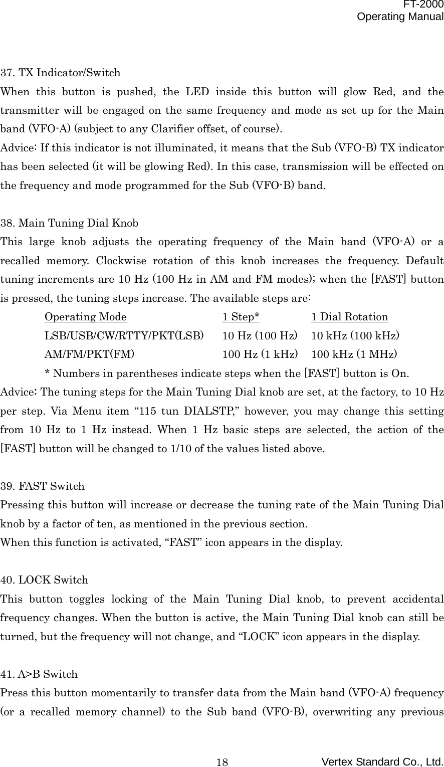  FT-2000 Operating Manual Vertex Standard Co., Ltd. 18 37. TX Indicator/Switch When this button is pushed, the LED inside this button will glow Red, and the transmitter will be engaged on the same frequency and mode as set up for the Main band (VFO-A) (subject to any Clarifier offset, of course). Advice: If this indicator is not illuminated, it means that the Sub (VFO-B) TX indicator has been selected (it will be glowing Red). In this case, transmission will be effected on the frequency and mode programmed for the Sub (VFO-B) band.  38. Main Tuning Dial Knob This large knob adjusts the operating frequency of the Main band (VFO-A) or a recalled memory. Clockwise rotation of this knob increases the frequency. Default tuning increments are 10 Hz (100 Hz in AM and FM modes); when the [FAST] button is pressed, the tuning steps increase. The available steps are:  Operating Mode   1 Step*    1 Dial Rotation   LSB/USB/CW/RTTY/PKT(LSB)  10 Hz (100 Hz)  10 kHz (100 kHz)   AM/FM/PKT(FM)    100 Hz (1 kHz)  100 kHz (1 MHz)   * Numbers in parentheses indicate steps when the [FAST] button is On. Advice: The tuning steps for the Main Tuning Dial knob are set, at the factory, to 10 Hz per step. Via Menu item “115 tun DIALSTP,” however, you may change this setting from 10 Hz to 1 Hz instead. When 1 Hz basic steps are selected, the action of the [FAST] button will be changed to 1/10 of the values listed above.  39. FAST Switch Pressing this button will increase or decrease the tuning rate of the Main Tuning Dial knob by a factor of ten, as mentioned in the previous section. When this function is activated, “FAST” icon appears in the display.  40. LOCK Switch This button toggles locking of the Main Tuning Dial knob, to prevent accidental frequency changes. When the button is active, the Main Tuning Dial knob can still be turned, but the frequency will not change, and “LOCK” icon appears in the display.  41. A&gt;B Switch Press this button momentarily to transfer data from the Main band (VFO-A) frequency (or a recalled memory channel) to the Sub band (VFO-B), overwriting any previous 