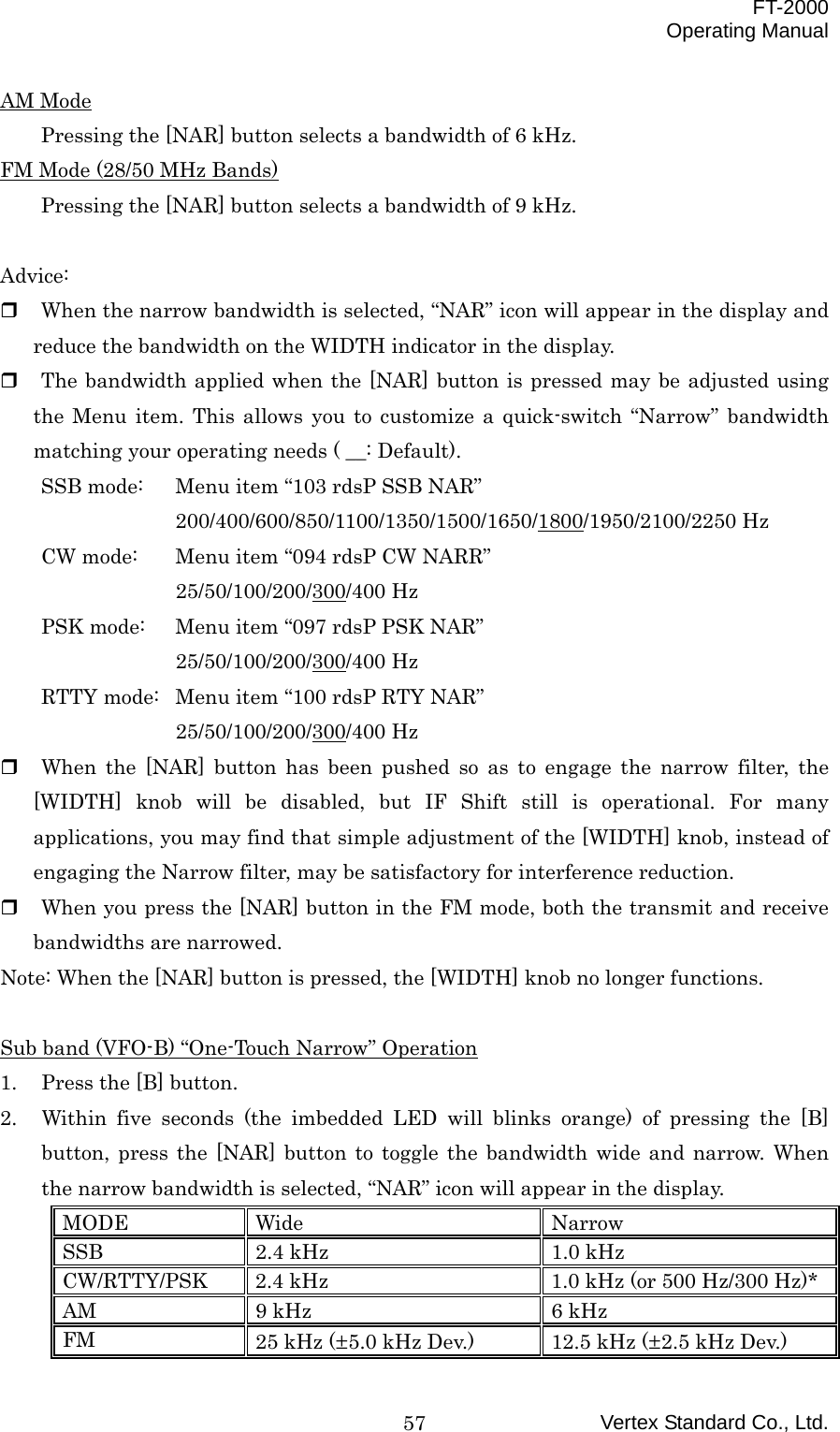  FT-2000 Operating Manual Vertex Standard Co., Ltd. 57AM Mode Pressing the [NAR] button selects a bandwidth of 6 kHz. FM Mode (28/50 MHz Bands) Pressing the [NAR] button selects a bandwidth of 9 kHz.  Advice:   When the narrow bandwidth is selected, “NAR” icon will appear in the display and reduce the bandwidth on the WIDTH indicator in the display.   The bandwidth applied when the [NAR] button is pressed may be adjusted using the Menu item. This allows you to customize a quick-switch “Narrow” bandwidth matching your operating needs ( __: Default). SSB mode:  Menu item “103 rdsP SSB NAR”  200/400/600/850/1100/1350/1500/1650/1800/1950/2100/2250 Hz CW mode:  Menu item “094 rdsP CW NARR”  25/50/100/200/300/400 Hz PSK mode:  Menu item “097 rdsP PSK NAR”  25/50/100/200/300/400 Hz RTTY mode:  Menu item “100 rdsP RTY NAR”  25/50/100/200/300/400 Hz   When the [NAR] button has been pushed so as to engage the narrow filter, the [WIDTH] knob will be disabled, but IF Shift still is operational. For many applications, you may find that simple adjustment of the [WIDTH] knob, instead of engaging the Narrow filter, may be satisfactory for interference reduction.   When you press the [NAR] button in the FM mode, both the transmit and receive bandwidths are narrowed. Note: When the [NAR] button is pressed, the [WIDTH] knob no longer functions.  Sub band (VFO-B) “One-Touch Narrow” Operation 1.  Press the [B] button. 2.  Within five seconds (the imbedded LED will blinks orange) of pressing the [B] button, press the [NAR] button to toggle the bandwidth wide and narrow. When the narrow bandwidth is selected, “NAR” icon will appear in the display. MODE Wide  Narrow SSB  2.4 kHz  1.0 kHz CW/RTTY/PSK  2.4 kHz  1.0 kHz (or 500 Hz/300 Hz)* AM  9 kHz  6 kHz FM  25 kHz (±5.0 kHz Dev.)  12.5 kHz (±2.5 kHz Dev.) 