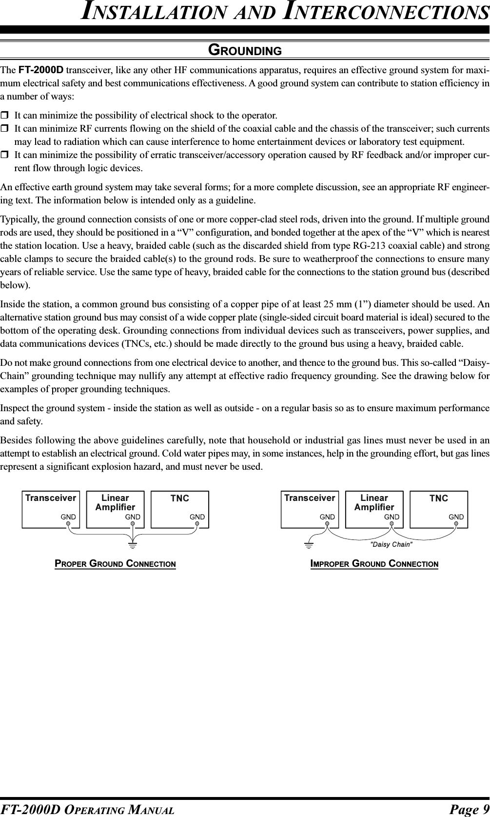 Page 9FT-2000D OPERATING MANUALINSTALLATION AND INTERCONNECTIONSGROUNDINGThe FT-2000D transceiver, like any other HF communications apparatus, requires an effective ground system for maxi-mum electrical safety and best communications effectiveness. A good ground system can contribute to station efficiency ina number of ways:It can minimize the possibility of electrical shock to the operator.It can minimize RF currents flowing on the shield of the coaxial cable and the chassis of the transceiver; such currentsmay lead to radiation which can cause interference to home entertainment devices or laboratory test equipment.It can minimize the possibility of erratic transceiver/accessory operation caused by RF feedback and/or improper cur-rent flow through logic devices.An effective earth ground system may take several forms; for a more complete discussion, see an appropriate RF engineer-ing text. The information below is intended only as a guideline.Typically, the ground connection consists of one or more copper-clad steel rods, driven into the ground. If multiple groundrods are used, they should be positioned in a “V” configuration, and bonded together at the apex of the “V” which is nearestthe station location. Use a heavy, braided cable (such as the discarded shield from type RG-213 coaxial cable) and strongcable clamps to secure the braided cable(s) to the ground rods. Be sure to weatherproof the connections to ensure manyyears of reliable service. Use the same type of heavy, braided cable for the connections to the station ground bus (describedbelow).Inside the station, a common ground bus consisting of a copper pipe of at least 25 mm (1”) diameter should be used. Analternative station ground bus may consist of a wide copper plate (single-sided circuit board material is ideal) secured to thebottom of the operating desk. Grounding connections from individual devices such as transceivers, power supplies, anddata communications devices (TNCs, etc.) should be made directly to the ground bus using a heavy, braided cable.Do not make ground connections from one electrical device to another, and thence to the ground bus. This so-called “Daisy-Chain” grounding technique may nullify any attempt at effective radio frequency grounding. See the drawing below forexamples of proper grounding techniques.Inspect the ground system - inside the station as well as outside - on a regular basis so as to ensure maximum performanceand safety.Besides following the above guidelines carefully, note that household or industrial gas lines must never be used in anattempt to establish an electrical ground. Cold water pipes may, in some instances, help in the grounding effort, but gas linesrepresent a significant explosion hazard, and must never be used.PROPER GROUND CONNECTIONLinearAmplifierTNCTransceiver&quot;Daisy Chain&quot;LinearAmplifierTNCTransceiverIMPROPER GROUND CONNECTION