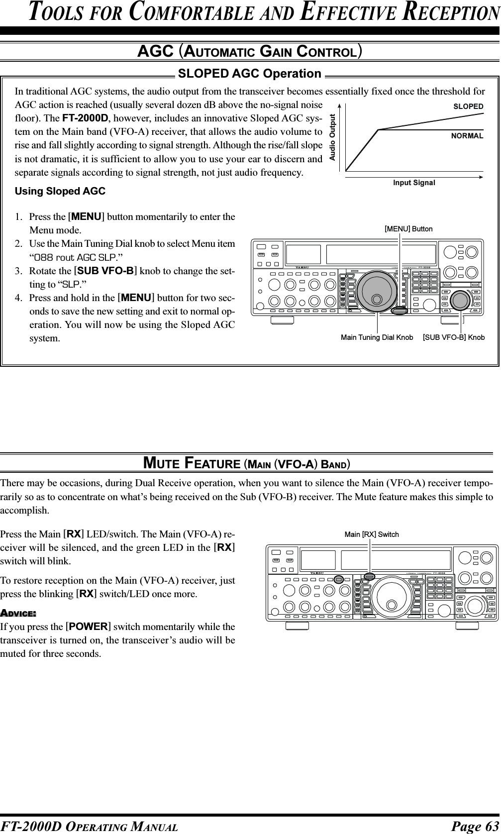 Page 63FT-2000D OPERATING MANUALTOOLS FOR COMFORTABLE AND EFFECTIVE RECEPTIONAGC (AUTOMATIC GAIN CONTROL)Main Tuning Dial Knob [SUB VFO-B] Knob[MENU] ButtonMain [RX] SwitchSLOPED AGC OperationIn traditional AGC systems, the audio output from the transceiver becomes essentially fixed once the threshold forAGC action is reached (usually several dozen dB above the no-signal noisefloor). The FT-2000D, however, includes an innovative Sloped AGC sys-tem on the Main band (VFO-A) receiver, that allows the audio volume torise and fall slightly according to signal strength. Although the rise/fall slopeis not dramatic, it is sufficient to allow you to use your ear to discern andseparate signals according to signal strength, not just audio frequency.Using Sloped AGC1. Press the [MENU] button momentarily to enter theMenu mode.2. Use the Main Tuning Dial knob to select Menu item“088 rout AGC SLP.”3. Rotate the [SUB VFO-B] knob to change the set-ting to “SLP.”4. Press and hold in the [MENU] button for two sec-onds to save the new setting and exit to normal op-eration. You will now be using the Sloped AGCsystem.MUTE FEATURE (MAIN (VFO-A) BAND)There may be occasions, during Dual Receive operation, when you want to silence the Main (VFO-A) receiver tempo-rarily so as to concentrate on what’s being received on the Sub (VFO-B) receiver. The Mute feature makes this simple toaccomplish.NORMALInput SignalAudio OutputSLOPEDPress the Main [RX] LED/switch. The Main (VFO-A) re-ceiver will be silenced, and the green LED in the [RX]switch will blink.To restore reception on the Main (VFO-A) receiver, justpress the blinking [RX] switch/LED once more.ADVICE:If you press the [POWER] switch momentarily while thetransceiver is turned on, the transceiver’s audio will bemuted for three seconds.