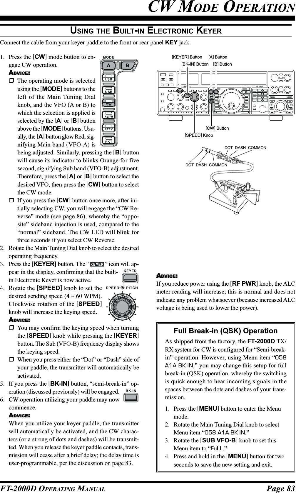 Page 83FT-2000D OPERATING MANUALCW MODE OPERATIONUSING THE BUILT-IN ELECTRONIC KEYERConnect the cable from your keyer paddle to the front or rear panel KEY jack.1. Press the [CW] mode button to en-gage CW operation.ADVICE:The operating mode is selectedusing the [MODE] buttons to theleft of the Main Tuning Dialknob, and the VFO (A or B) towhich the selection is applied isselected by the [A] or [B] buttonabove the [MODE] buttons. Usu-ally, the [A] button glow Red, sig-nifying Main band (VFO-A) isbeing adjusted. Similarly, pressing the [B] buttonwill cause its indicator to blinks Orange for fivesecond, signifying Sub band (VFO-B) adjustment.Therefore, press the [A] or [B] button to select thedesired VFO, then press the [CW] button to selectthe CW mode.If you press the [CW] button once more, after ini-tially selecting CW, you will engage the “CW Re-verse” mode (see page 86), whereby the “oppo-site” sideband injection is used, compared to the“normal” sideband. The CW LED will blink forthree seconds if you select CW Reverse.2. Rotate the Main Tuning Dial knob to select the desiredoperating frequency.3. Press the [KEYER] button. The “ ” icon will ap-pear in the display, confirming that the built-in Electronic Keyer is now active.4. Rotate the [SPEED] knob to set thedesired sending speed (4 ~ 60 WPM).Clockwise rotation of the [SPEED]knob will increase the keying speed.ADVICE:You may confirm the keying speed when turningthe [SPEED] knob while pressing the [KEYER]button. The Sub (VFO-B) frequency display showsthe keying speed.When you press either the “Dot” or “Dash” side ofyour paddle, the transmitter will automatically beactivated.5. If you press the [BK-IN] button, “semi-break-in” op-eration (discussed previously) will be engaged.6. CW operation utilizing your paddle may nowcommence.ADVICE:When you utilize your keyer paddle, the transmitterwill automatically be activated, and the CW charac-ters (or a strong of dots and dashes) will be transmit-ted. When you release the keyer paddle contacts, trans-mission will cease after a brief delay; the delay time isuser-programmable, per the discussion on page 83.ADVICE:If you reduce power using the [RF PWR] knob, the ALCmeter reading will increase; this is normal and does notindicate any problem whatsoever (because increased ALCvoltage is being used to lower the power).Full Break-in (QSK) OperationAs shipped from the factory, the FT-2000D TX/RX system for CW is configured for “Semi-break-in” operation. However, using Menu item “058A1A BK-IN,” you may change this setup for fullbreak-in (QSK) operation, whereby the switchingis quick enough to hear incoming signals in thespaces between the dots and dashes of your trans-mission.1. Press the [MENU] button to enter the Menumode.2. Rotate the Main Tuning Dial knob to selectMenu item “058 A1A BK-IN.”3. Rotate the [SUB VFO-B] knob to set thisMenu item to “FuLL.”4. Press and hold in the [MENU] button for twoseconds to save the new setting and exit.[CW] Button[B] Button[A] Button[BK-IN] Button[SPEED] Knob[KEYER] Button