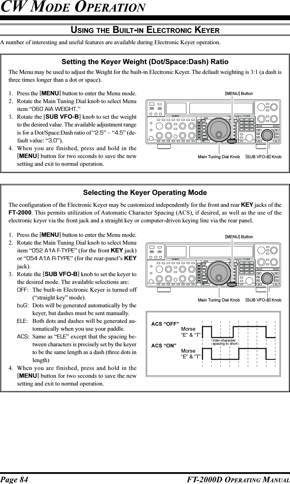 Page 84 FT-2000D OPERATING MANUALA number of interesting and useful features are available during Electronic Keyer operation.Setting the Keyer Weight (Dot/Space:Dash) RatioThe Menu may be used to adjust the Weight for the built-in Electronic Keyer. The default weighting is 3:1 (a dash isthree times longer than a dot or space).USING THE BUILT-IN ELECTRONIC KEYERCW MODE OPERATION1. Press the [MENU] button to enter the Menu mode.2. Rotate the Main Tuning Dial knob to select Menuitem “060 AIA WEIGHT.”3. Rotate the [SUB VFO-B] knob to set the weightto the desired value. The available adjustment rangeis for a Dot/Space:Dash ratio of “2.5” ~ “4.5” (de-fault value: “3.0”).4. When you are finished, press and hold in the[MENU] button for two seconds to save the newsetting and exit to normal operation.Main Tuning Dial Knob [SUB VFO-B] Knob[MENU] ButtonSelecting the Keyer Operating ModeThe configuration of the Electronic Keyer may be customized independently for the front and rear KEY jacks of theFT-2000. This permits utilization of Automatic Character Spacing (ACS), if desired, as well as the use of theelectronic keyer via the front jack and a straight key or computer-driven keying line via the rear panel.1. Press the [MENU] button to enter the Menu mode.2. Rotate the Main Tuning Dial knob to select Menuitem “052 A1A F-TYPE” (for the front KEY jack)or “054 A1A R-TYPE” (for the rear-panel’s KEYjack).3. Rotate the [SUB VFO-B] knob to set the keyer tothe desired mode. The available selections are:OFF: The built-in Electronic Keyer is turned off(“straight key” mode).buG: Dots will be generated automatically by thekeyer, but dashes must be sent manually.ELE: Both dots and dashes will be generated au-tomatically when you use your paddle.ACS: Same as “ELE” except that the spacing be-tween characters is precisely set by the keyerto be the same length as a dash (three dots inlength)4. When you are finished, press and hold in the[MENU] button for two seconds to save the newsetting and exit to normal operation.Main Tuning Dial Knob [SUB VFO-B] Knob[MENU] ButtonInter-characterspacing to shortMorse“E” &amp; “T”Morse“E” &amp; “T”ACS “ON”ACS “OFF”