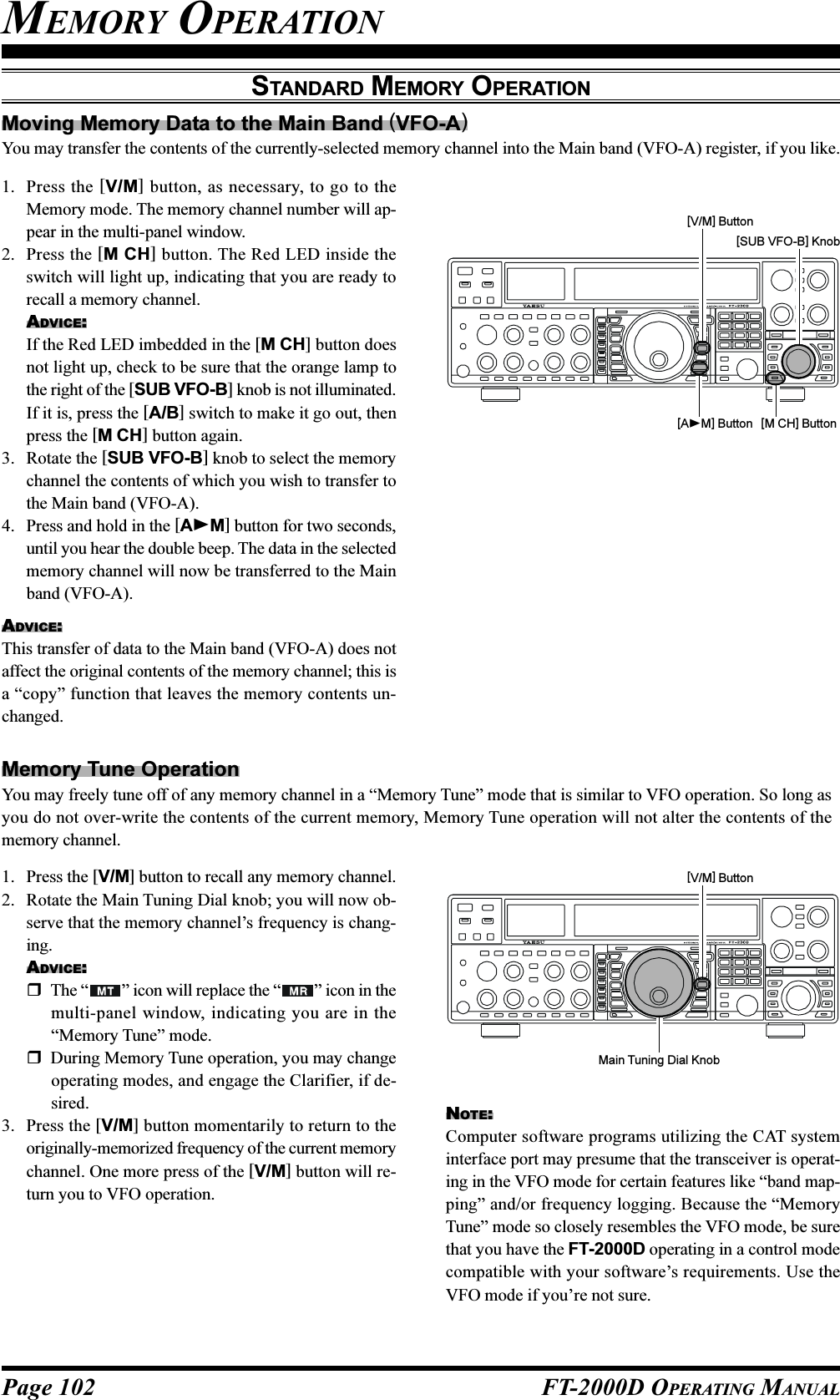 Page 102 FT-2000D OPERATING MANUALMEMORY OPERATIONSTANDARD MEMORY OPERATIONMoving Memory Data to the Main Band (VFO-A)You may transfer the contents of the currently-selected memory channel into the Main band (VFO-A) register, if you like.1. Press the [V/M] button, as necessary, to go to theMemory mode. The memory channel number will ap-pear in the multi-panel window.2. Press the [M CH] button. The Red LED inside theswitch will light up, indicating that you are ready torecall a memory channel.ADVICE:If the Red LED imbedded in the [M CH] button doesnot light up, check to be sure that the orange lamp tothe right of the [SUB VFO-B] knob is not illuminated.If it is, press the [A/B] switch to make it go out, thenpress the [M CH] button again.3. Rotate the [SUB VFO-B] knob to select the memorychannel the contents of which you wish to transfer tothe Main band (VFO-A).4. Press and hold in the [AM] button for two seconds,until you hear the double beep. The data in the selectedmemory channel will now be transferred to the Mainband (VFO-A).ADVICE:This transfer of data to the Main band (VFO-A) does notaffect the original contents of the memory channel; this isa “copy” function that leaves the memory contents un-changed.1. Press the [V/M] button to recall any memory channel.2. Rotate the Main Tuning Dial knob; you will now ob-serve that the memory channel’s frequency is chang-ing.ADVICE:The “ ” icon will replace the “ ” icon in themulti-panel window, indicating you are in the“Memory Tune” mode.During Memory Tune operation, you may changeoperating modes, and engage the Clarifier, if de-sired.3. Press the [V/M] button momentarily to return to theoriginally-memorized frequency of the current memorychannel. One more press of the [V/M] button will re-turn you to VFO operation.[SUB VFO-B] Knob[V/M] Button[M CH] Button[AM] ButtonNOTE:Computer software programs utilizing the CAT systeminterface port may presume that the transceiver is operat-ing in the VFO mode for certain features like “band map-ping” and/or frequency logging. Because the “MemoryTune” mode so closely resembles the VFO mode, be surethat you have the FT-2000D operating in a control modecompatible with your software’s requirements. Use theVFO mode if you’re not sure.Main Tuning Dial Knob[V/M] ButtonMemory Tune OperationYou may freely tune off of any memory channel in a “Memory Tune” mode that is similar to VFO operation. So long asyou do not over-write the contents of the current memory, Memory Tune operation will not alter the contents of thememory channel.