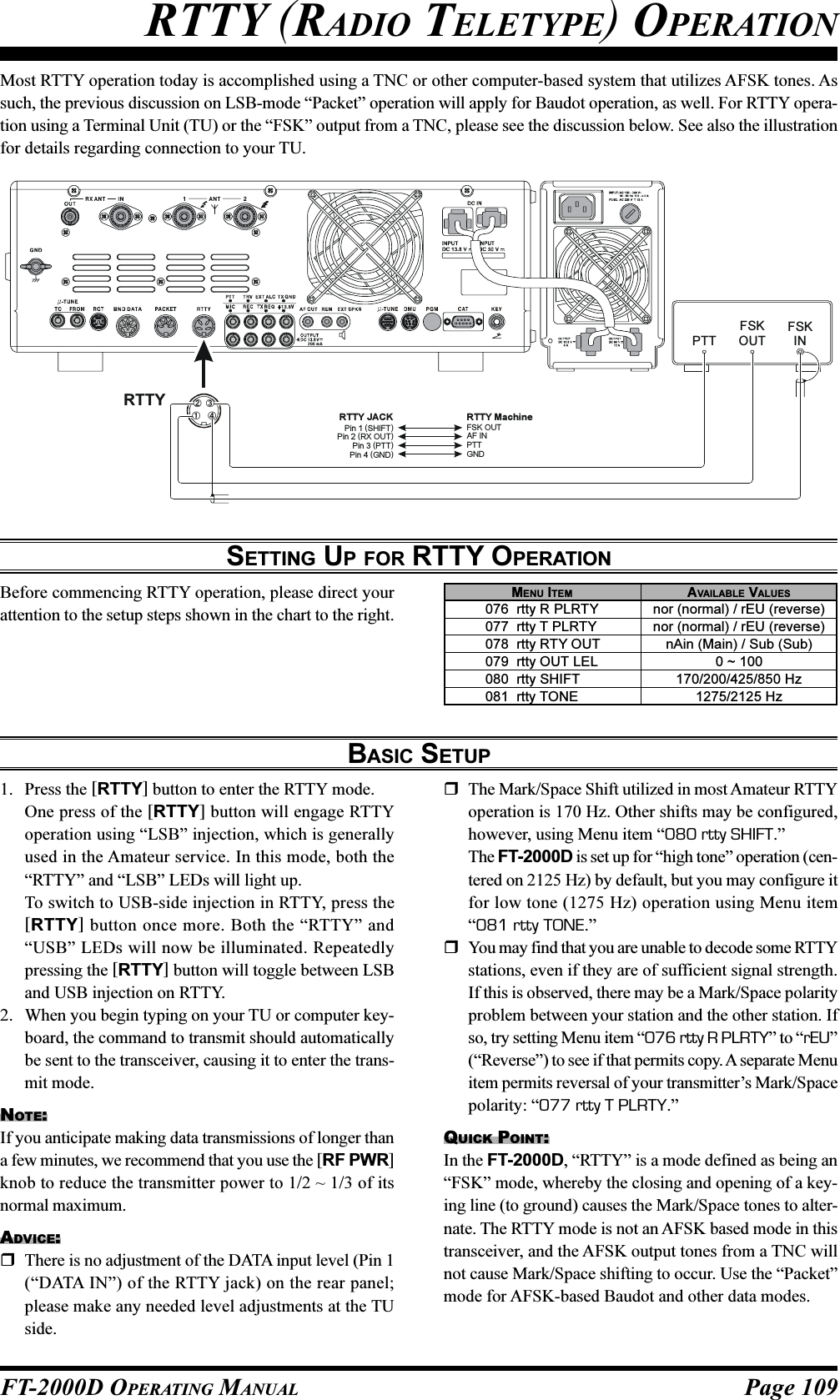 Page 109FT-2000D OPERATING MANUALMost RTTY operation today is accomplished using a TNC or other computer-based system that utilizes AFSK tones. Assuch, the previous discussion on LSB-mode “Packet” operation will apply for Baudot operation, as well. For RTTY opera-tion using a Terminal Unit (TU) or the “FSK” output from a TNC, please see the discussion below. See also the illustrationfor details regarding connection to your TU.SETTING UP FOR RTTY OPERATIONBefore commencing RTTY operation, please direct yourattention to the setup steps shown in the chart to the right.BASIC SETUP1. Press the [RTTY] button to enter the RTTY mode.One press of the [RTTY] button will engage RTTYoperation using “LSB” injection, which is generallyused in the Amateur service. In this mode, both the“RTTY” and “LSB” LEDs will light up.To switch to USB-side injection in RTTY, press the[RTTY] button once more. Both the “RTTY” and“USB” LEDs will now be illuminated. Repeatedlypressing the [RTTY] button will toggle between LSBand USB injection on RTTY.2. When you begin typing on your TU or computer key-board, the command to transmit should automaticallybe sent to the transceiver, causing it to enter the trans-mit mode.NOTE:If you anticipate making data transmissions of longer thana few minutes, we recommend that you use the [RF PWR]knob to reduce the transmitter power to 1/2 ~ 1/3 of itsnormal maximum.ADVICE:There is no adjustment of the DATA input level (Pin 1(“DATA IN”) of the RTTY jack) on the rear panel;please make any needed level adjustments at the TUside.MENU ITEM AVAILABLE VALUES076  rtty R PLRTY nor (normal) / rEU (reverse)077  rtty T PLRTY nor (normal) / rEU (reverse)078  rtty RTY OUT nAin (Main) / Sub (Sub)079  rtty OUT LEL 0 ~ 100080  rtty SHIFT 170/200/425/850 Hz081  rtty TONE 1275/2125 HzRTTY (RADIO TELETYPE) OPERATIONThe Mark/Space Shift utilized in most Amateur RTTYoperation is 170 Hz. Other shifts may be configured,however, using Menu item “080 rtty SHIFT.”The FT-2000D is set up for “high tone” operation (cen-tered on 2125 Hz) by default, but you may configure itfor low tone (1275 Hz) operation using Menu item“081 rtty TONE.”You may find that you are unable to decode some RTTYstations, even if they are of sufficient signal strength.If this is observed, there may be a Mark/Space polarityproblem between your station and the other station. Ifso, try setting Menu item “076 rtty R PLRTY” to “rEU”(“Reverse”) to see if that permits copy. A separate Menuitem permits reversal of your transmitter’s Mark/Spacepolarity: “077 rtty T PLRTY.”QUICK POINT:In the FT-2000D, “RTTY” is a mode defined as being an“FSK” mode, whereby the closing and opening of a key-ing line (to ground) causes the Mark/Space tones to alter-nate. The RTTY mode is not an AFSK based mode in thistransceiver, and the AFSK output tones from a TNC willnot cause Mark/Space shifting to occur. Use the “Packet”mode for AFSK-based Baudot and other data modes.FSKOUTPTTFSKIN①④③②RTTYRTTY JACK RTTY MachinePin 1 (SHIFT)Pin 2Pin 3Pin 4 (RX OUT) (PTT) (GND)FSK OUTAF INPTTGND