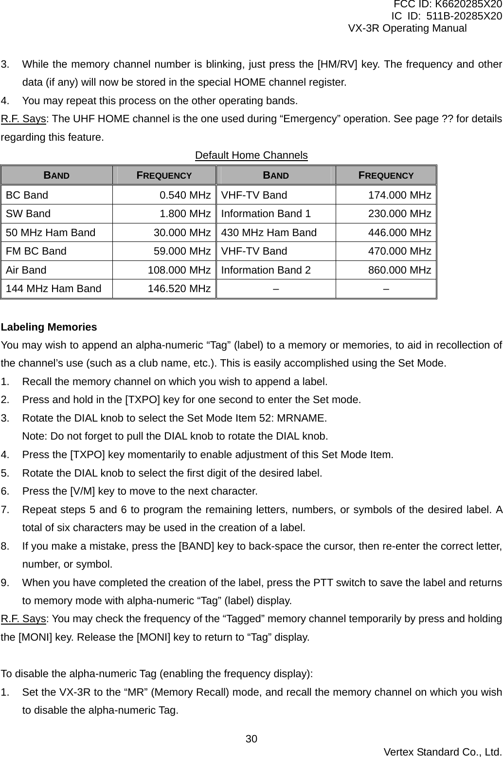 FCC ID: K6620285X20 IC ID: 511B-20285X20     VX-3R Operating Manual 3.  While the memory channel number is blinking, just press the [HM/RV] key. The frequency and other data (if any) will now be stored in the special HOME channel register. 4.  You may repeat this process on the other operating bands. R.F. Says: The UHF HOME channel is the one used during “Emergency” operation. See page ?? for details regarding this feature. Default Home ChannelsBAND  FREQUENCY  BAND  FREQUENCY BC Band  0.540 MHz VHF-TV Band  174.000 MHz SW Band  1.800 MHz Information Band 1  230.000 MHz 50 MHz Ham Band  30.000 MHz 430 MHz Ham Band  446.000 MHz FM BC Band  59.000 MHz VHF-TV Band  470.000 MHz Air Band  108.000 MHz Information Band 2  860.000 MHz 144 MHz Ham Band  146.520 MHz –  –  Labeling Memories You may wish to append an alpha-numeric “Tag” (label) to a memory or memories, to aid in recollection of the channel’s use (such as a club name, etc.). This is easily accomplished using the Set Mode. 1.  Recall the memory channel on which you wish to append a label. 2.  Press and hold in the [TXPO] key for one second to enter the Set mode. 3.  Rotate the DIAL knob to select the Set Mode Item 52: MRNAME. Note: Do not forget to pull the DIAL knob to rotate the DIAL knob. 4.  Press the [TXPO] key momentarily to enable adjustment of this Set Mode Item. 5.  Rotate the DIAL knob to select the first digit of the desired label. 6.  Press the [V/M] key to move to the next character. 7.  Repeat steps 5 and 6 to program the remaining letters, numbers, or symbols of the desired label. A total of six characters may be used in the creation of a label. 8.  If you make a mistake, press the [BAND] key to back-space the cursor, then re-enter the correct letter, number, or symbol. 9.  When you have completed the creation of the label, press the PTT switch to save the label and returns to memory mode with alpha-numeric “Tag” (label) display. R.F. Says: You may check the frequency of the “Tagged” memory channel temporarily by press and holding the [MONI] key. Release the [MONI] key to return to “Tag” display.  To disable the alpha-numeric Tag (enabling the frequency display): 1.  Set the VX-3R to the “MR” (Memory Recall) mode, and recall the memory channel on which you wish to disable the alpha-numeric Tag.  Vertex Standard Co., Ltd. 30