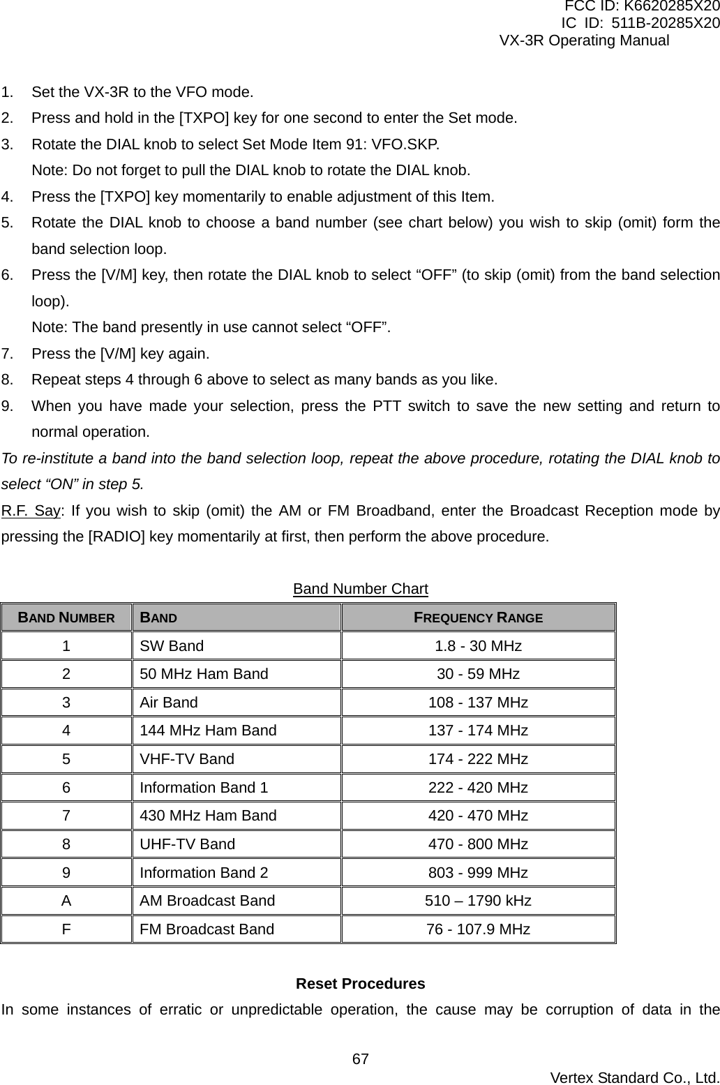 FCC ID: K6620285X20 IC ID: 511B-20285X20     VX-3R Operating Manual 1.  Set the VX-3R to the VFO mode. 2.  Press and hold in the [TXPO] key for one second to enter the Set mode. 3.  Rotate the DIAL knob to select Set Mode Item 91: VFO.SKP. Note: Do not forget to pull the DIAL knob to rotate the DIAL knob. 4.  Press the [TXPO] key momentarily to enable adjustment of this Item. 5.  Rotate the DIAL knob to choose a band number (see chart below) you wish to skip (omit) form the band selection loop. 6.  Press the [V/M] key, then rotate the DIAL knob to select “OFF” (to skip (omit) from the band selection loop). Note: The band presently in use cannot select “OFF”. 7.  Press the [V/M] key again. 8.  Repeat steps 4 through 6 above to select as many bands as you like. 9.  When you have made your selection, press the PTT switch to save the new setting and return to normal operation. To re-institute a band into the band selection loop, repeat the above procedure, rotating the DIAL knob to select “ON” in step 5. R.F. Say: If you wish to skip (omit) the AM or FM Broadband, enter the Broadcast Reception mode by pressing the [RADIO] key momentarily at first, then perform the above procedure.  Band Number Chart BAND NUMBER  BAND  FREQUENCY RANGE 1  SW Band  1.8 - 30 MHz 2  50 MHz Ham Band  30 - 59 MHz 3  Air Band  108 - 137 MHz 4  144 MHz Ham Band  137 - 174 MHz 5  VHF-TV Band  174 - 222 MHz 6  Information Band 1  222 - 420 MHz 7  430 MHz Ham Band  420 - 470 MHz 8  UHF-TV Band  470 - 800 MHz 9  Information Band 2  803 - 999 MHz A  AM Broadcast Band  510 – 1790 kHz F  FM Broadcast Band  76 - 107.9 MHz  Reset Procedures In some instances of erratic or unpredictable operation, the cause may be corruption of data in the  Vertex Standard Co., Ltd. 67