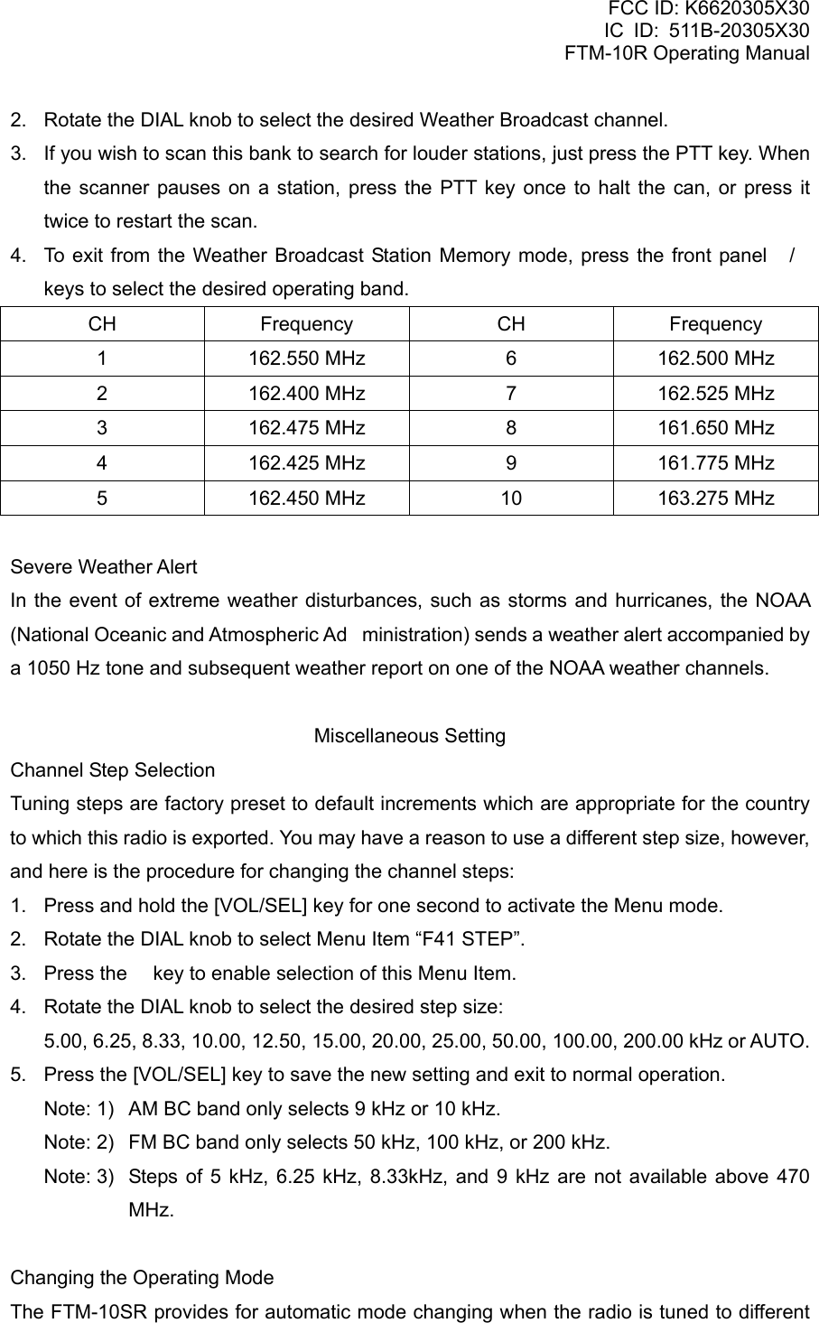 FCC ID: K6620305X30 IC ID: 511B-20305X30     FTM-10R Operating Manual 2.  Rotate the DIAL knob to select the desired Weather Broadcast channel. 3.  If you wish to scan this bank to search for louder stations, just press the PTT key. When the scanner pauses on a station, press the PTT key once to halt the can, or press it twice to restart the scan. 4.  To exit from the Weather Broadcast Station Memory mode, press the front panel / keys to select the desired operating band. CH Frequency CH Frequency 1 162.550 MHz 6 162.500 MHz 2 162.400 MHz 7 162.525 MHz 3 162.475 MHz 8 161.650 MHz 4 162.425 MHz 9 161.775 MHz 5  162.450 MHz  10  163.275 MHz  Severe Weather Alert In the event of extreme weather disturbances, such as storms and hurricanes, the NOAA (National Oceanic and Atmospheric Administration) sends a weather alert accompanied by a 1050 Hz tone and subsequent weather report on one of the NOAA weather channels.    Miscellaneous Setting Channel Step Selection Tuning steps are factory preset to default increments which are appropriate for the country to which this radio is exported. You may have a reason to use a different step size, however, and here is the procedure for changing the channel steps: 1.  Press and hold the [VOL/SEL] key for one second to activate the Menu mode. 2.  Rotate the DIAL knob to select Menu Item “F41 STEP”. 3.  Press the  key to enable selection of this Menu Item. 4.  Rotate the DIAL knob to select the desired step size:   5.00, 6.25, 8.33, 10.00, 12.50, 15.00, 20.00, 25.00, 50.00, 100.00, 200.00 kHz or AUTO. 5.  Press the [VOL/SEL] key to save the new setting and exit to normal operation. Note: 1)  AM BC band only selects 9 kHz or 10 kHz. Note: 2)  FM BC band only selects 50 kHz, 100 kHz, or 200 kHz. Note: 3)  Steps of 5 kHz, 6.25 kHz, 8.33kHz, and 9 kHz are not available above 470 MHz.  Changing the Operating Mode The FTM-10SR provides for automatic mode changing when the radio is tuned to different  Vertex Standard Co., Ltd. 61 