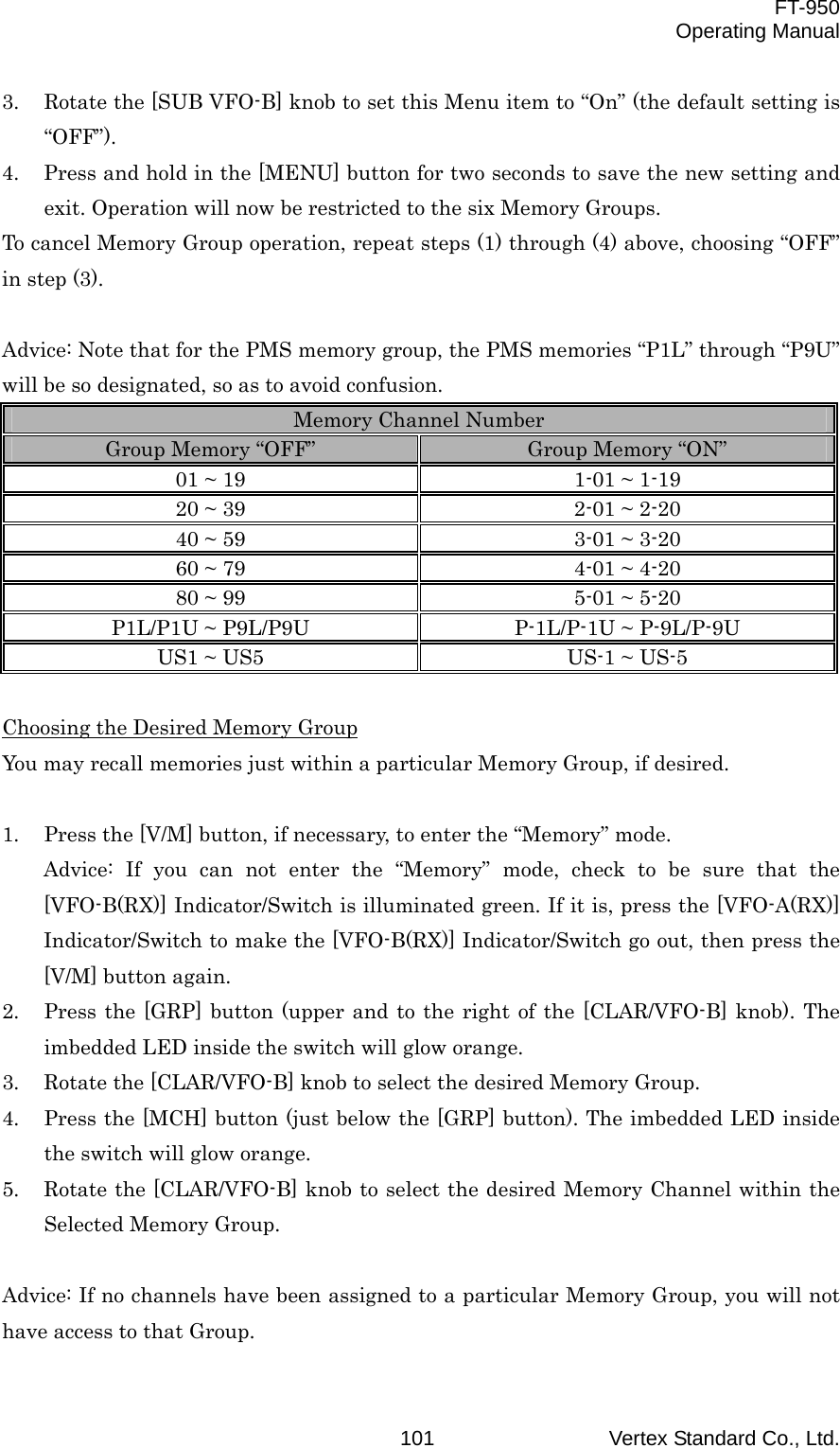  FT-950 Operating Manual Vertex Standard Co., Ltd. 1013.  Rotate the [SUB VFO-B] knob to set this Menu item to “On” (the default setting is “OFF”). 4.  Press and hold in the [MENU] button for two seconds to save the new setting and exit. Operation will now be restricted to the six Memory Groups. To cancel Memory Group operation, repeat steps (1) through (4) above, choosing “OFF” in step (3).  Advice: Note that for the PMS memory group, the PMS memories “P1L” through “P9U” will be so designated, so as to avoid confusion. Memory Channel Number Group Memory “OFF”  Group Memory “ON” 01 ~ 19  1-01 ~ 1-19 20 ~ 39  2-01 ~ 2-20 40 ~ 59  3-01 ~ 3-20 60 ~ 79  4-01 ~ 4-20 80 ~ 99  5-01 ~ 5-20 P1L/P1U ~ P9L/P9U  P-1L/P-1U ~ P-9L/P-9U US1 ~ US5  US-1 ~ US-5  Choosing the Desired Memory Group You may recall memories just within a particular Memory Group, if desired.  1.  Press the [V/M] button, if necessary, to enter the “Memory” mode. Advice: If you can not enter the “Memory” mode, check to be sure that the [VFO-B(RX)] Indicator/Switch is illuminated green. If it is, press the [VFO-A(RX)] Indicator/Switch to make the [VFO-B(RX)] Indicator/Switch go out, then press the [V/M] button again. 2.  Press the [GRP] button (upper and to the right of the [CLAR/VFO-B] knob). The imbedded LED inside the switch will glow orange. 3.  Rotate the [CLAR/VFO-B] knob to select the desired Memory Group. 4.  Press the [MCH] button (just below the [GRP] button). The imbedded LED inside the switch will glow orange. 5.  Rotate the [CLAR/VFO-B] knob to select the desired Memory Channel within the Selected Memory Group.  Advice: If no channels have been assigned to a particular Memory Group, you will not have access to that Group.  