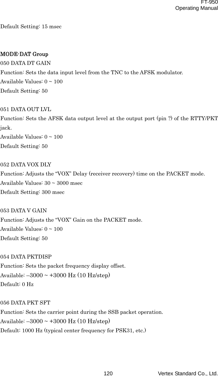  FT-950 Operating Manual Vertex Standard Co., Ltd. 120Default Setting: 15 msec   MODE-DAT Group 050 DATA DT GAIN Function: Sets the data input level from the TNC to the AFSK modulator. Available Values: 0 ~ 100 Default Setting: 50  051 DATA OUT LVL Function: Sets the AFSK data output level at the output port (pin ?) of the RTTY/PKT jack. Available Values: 0 ~ 100 Default Setting: 50  052 DATA VOX DLY Function: Adjusts the “VOX” Delay (receiver recovery) time on the PACKET mode. Available Values: 30 ~ 3000 msec Default Setting: 300 msec  053 DATA V GAIN Function: Adjusts the “VOX” Gain on the PACKET mode. Available Values: 0 ~ 100 Default Setting: 50  054 DATA PKTDISP Function: Sets the packet frequency display offset. Available: –3000 ~ +3000 Hz (10 Hz/step) Default: 0 Hz  056 DATA PKT SFT Function: Sets the carrier point during the SSB packet operation. Available: –3000 ~ +3000 Hz (10 Hz/step) Default: 1000 Hz (typical center frequency for PSK31, etc.)   