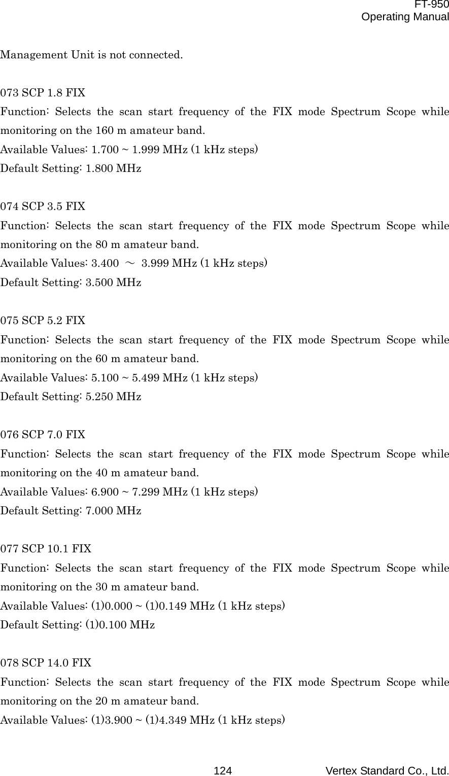  FT-950 Operating Manual Vertex Standard Co., Ltd. 124Management Unit is not connected.  073 SCP 1.8 FIX Function: Selects the scan start frequency of the FIX mode Spectrum Scope while monitoring on the 160 m amateur band. Available Values: 1.700 ~ 1.999 MHz (1 kHz steps) Default Setting: 1.800 MHz  074 SCP 3.5 FIX Function: Selects the scan start frequency of the FIX mode Spectrum Scope while monitoring on the 80 m amateur band. Available Values: 3.400  ～  3.999 MHz (1 kHz steps) Default Setting: 3.500 MHz  075 SCP 5.2 FIX Function: Selects the scan start frequency of the FIX mode Spectrum Scope while monitoring on the 60 m amateur band. Available Values: 5.100 ~ 5.499 MHz (1 kHz steps) Default Setting: 5.250 MHz  076 SCP 7.0 FIX Function: Selects the scan start frequency of the FIX mode Spectrum Scope while monitoring on the 40 m amateur band. Available Values: 6.900 ~ 7.299 MHz (1 kHz steps) Default Setting: 7.000 MHz  077 SCP 10.1 FIX Function: Selects the scan start frequency of the FIX mode Spectrum Scope while monitoring on the 30 m amateur band. Available Values: (1)0.000 ~ (1)0.149 MHz (1 kHz steps) Default Setting: (1)0.100 MHz  078 SCP 14.0 FIX Function: Selects the scan start frequency of the FIX mode Spectrum Scope while monitoring on the 20 m amateur band. Available Values: (1)3.900 ~ (1)4.349 MHz (1 kHz steps) 