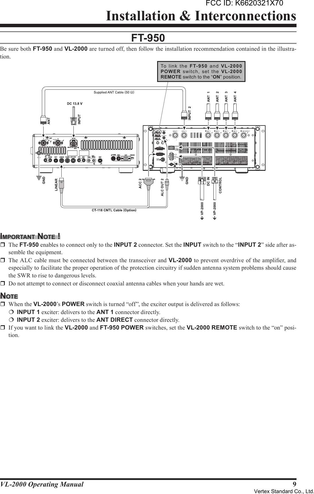 9VL-2000 Operating ManualInstallation &amp; InterconnectionsFT-950Be sure both FT-950 and VL-2000 are turned off, then follow the installation recommendation contained in the illustra-tion.imporTAnT noTe !r  The FT-950 enables to connect only to the INPUT2 connector. Set the INPUT switch to the “INPUT2” side after as-semble the equipment.r  The ALC cable must be connected between the transceiver and VL-2000 to prevent overdrive of the amplier, and especially to facilitate the proper operation of the protection circuitry if sudden antenna system problems should cause the SWR to rise to dangerous levels.r  Do not attempt to connect or disconnect coaxial antenna cables when your hands are wet.noTer  When the VL-2000’s POWER switch is turned “off”, the exciter output is delivered as follows:¦ INPUT1 exciter: delivers to the ANT1 connector directly.¦ INPUT2 exciter: delivers to the ANTDIRECT connector directly.r  If you want to link the VL-2000 and FT-950 POWER switches, set the VL-2000 REMOTE switch to the “on” posi-tion.TO1ANT DC IN2FROMGND ROT LINEAR TUNERRTTY / PKTPTT REC REM KEYDMU CATPGM-SWEXTSPKRINPUT: DC 13.8 V22 A-TUNE -TUNETo  link  the  FT- 9 5 0  and  V L-20 00POW ER  switch,  set  the  VL-2000REMOTE switch to the “ON” position.FCC ID: K6620321X70Vertex Standard Co., Ltd.