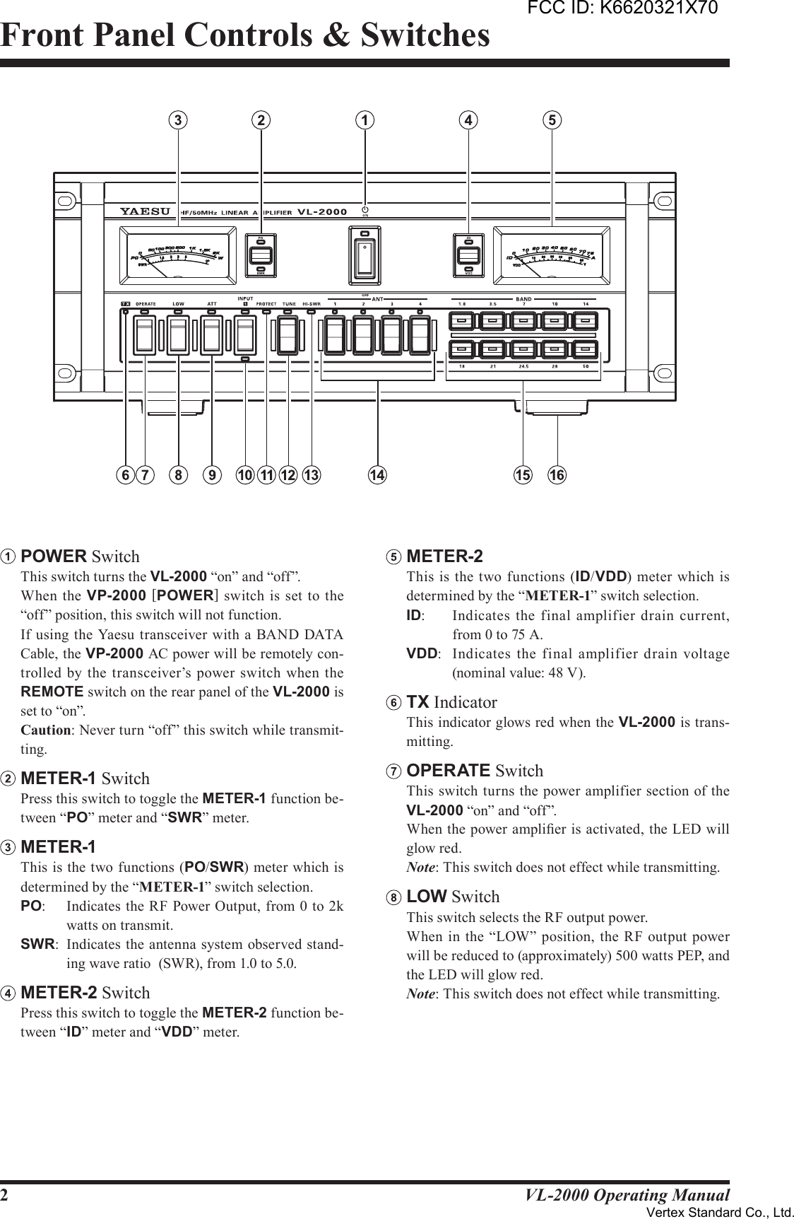 2VL-2000 Operating ManualFront Panel Controls &amp; SwitchesPOWER Switch  This switch turns the VL-2000 “on” and “off”.  When  the  VP-2000 [POWER]  switch is set to the “off” position, this switch will not function.  If using the Yaesu transceiver  with a BAND DATA Cable, the VP-2000 AC power will be remotely con-trolled  by the  transceiver’s  power  switch when the REMOTE switch on the rear panel of the VL-2000 is set to “on”. Caution: Never turn “off” this switch while transmit-ting.METER-1 Switch  Press this switch to toggle the METER-1 function be-tween “PO” meter and “SWR” meter.METER-1  This is the two functions (PO/SWR) meter which is determined by the “METER-1” switch selection.PO:  Indicates the RF Power Output, from 0 to 2k watts on transmit.SWR:  Indicates the antenna system observed stand-ing wave ratio  (SWR), from 1.0 to 5.0.METER-2 Switch  Press this switch to toggle the METER-2 function be-tween “ID” meter and “VDD” meter.METER-2  This is the two functions (ID/VDD) meter which is determined by the “METER-1” switch selection.ID:  Indicates the  final  amplifier  drain  current, from 0 to 75 A.VDD:  Indicates  the final  amplifier  drain  voltage (nominal value: 48 V). TX Indicator  This indicator glows red when the VL-2000 is trans-mitting.OPERATE Switch  This switch turns the power amplifier section of the VL-2000 “on” and “off”.  When the power amplier is activated, the LED will glow red. Note: This switch does not effect while transmitting.LOW Switch  This switch selects the RF output power.  When in the “LOW” position, the RF output power will be reduced to (approximately) 500 watts PEP, and  the LED will glow red. Note: This switch does not effect while transmitting.FCC ID: K6620321X70Vertex Standard Co., Ltd.