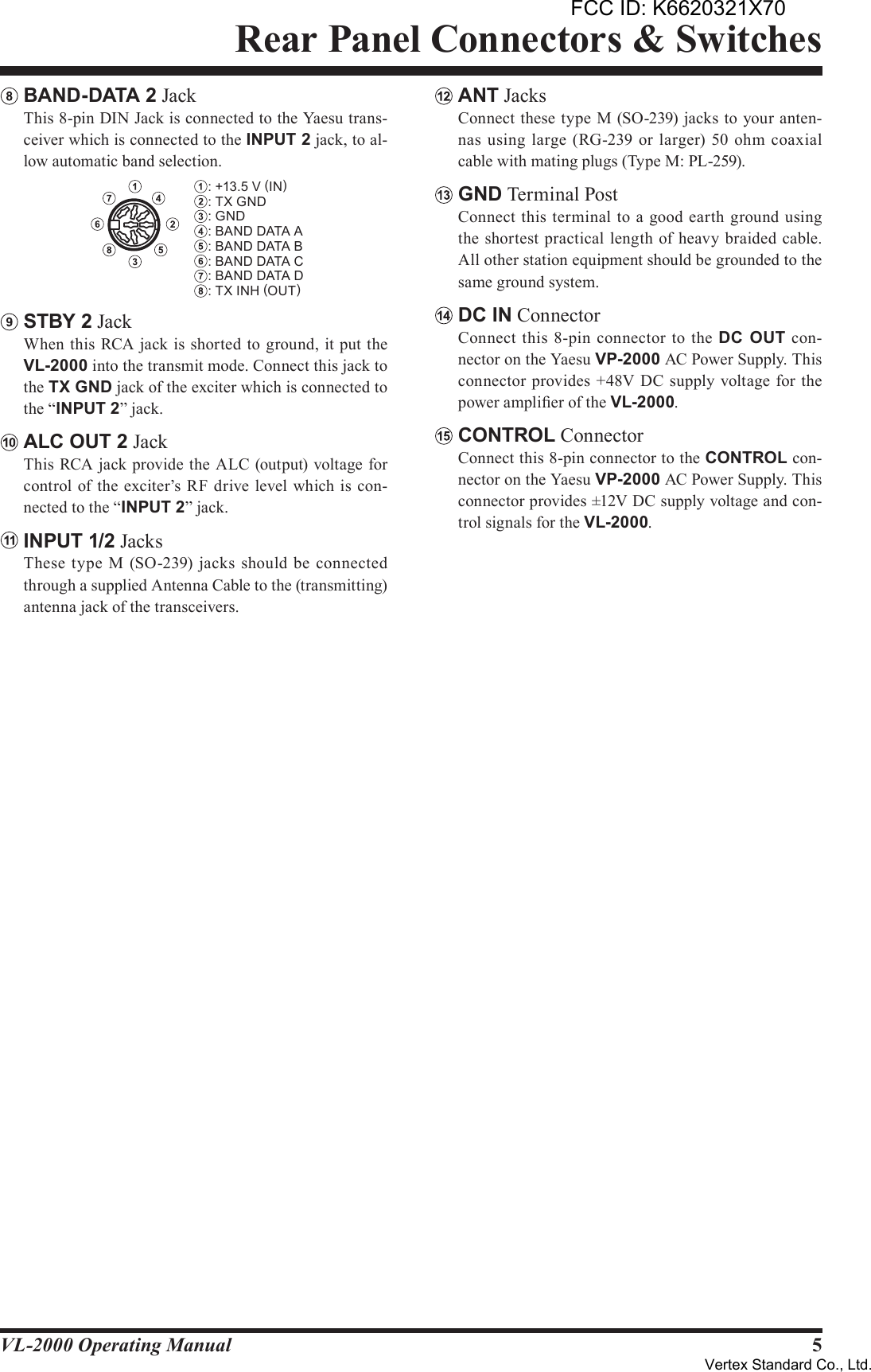 5VL-2000 Operating ManualRear Panel Connectors &amp; SwitchesBAND-DATA2 Jack  This 8-pin DIN Jack is connected to the Yaesu trans-ceiver which is connected to the INPUT2 jack, to al-low automatic band selection.STBY2 Jack  When this RCA jack is shorted to ground, it put the VL-2000 into the transmit mode. Connect this jack to the TXGND jack of the exciter which is connected to the “INPUT2” jack.ALCOUT2 Jack  This RCA jack provide the ALC (output) voltage for control of the exciter’s RF drive level which  is con-nected to the “INPUT2” jack.INPUT1/2 Jacks  These  type  M (SO-239)  jacks  should  be connected through a supplied Antenna Cable to the (transmitting) antenna jack of the transceivers.ANT Jacks  Connect these type M (SO-239) jacks to your anten-nas  using  large (RG-239  or larger) 50 ohm  coaxial cable with mating plugs (Type M: PL-259).GND Terminal Post  Connect this terminal to a good earth ground using the shortest practical length of  heavy braided cable. All other station equipment should be grounded to the same ground system.DCIN Connector  Connect  this  8-pin connector to the DC OUT  con-nector on the Yaesu VP-2000 AC Power Supply. This connector provides  +48V DC  supply voltage for the power amplier of the VL-2000.CONTROL Connector  Connect this 8-pin connector to the CONTROL con-nector on the Yaesu VP-2000 AC Power Supply. This connector provides ±12V DC supply voltage and con-trol signals for the VL-2000.: +13.5 V (IN): TX GND: GND: BAND DATA A: BAND DATA B: BAND DATA C: BAND DATA D: TX INH (OUT)FCC ID: K6620321X70Vertex Standard Co., Ltd.