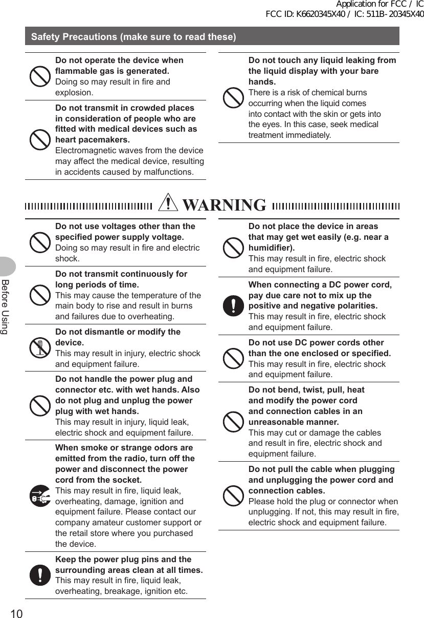 10Before UsingSafetyPrecautions(makesuretoreadthese)Donotoperatethedevicewhenflammablegasisgenerated.Doing so may result in fire and explosion.Donottransmitincrowdedplacesin consideration of people who are fittedwithmedicaldevicessuchasheartpacemakers.Electromagnetic waves from the device may affect the medical device, resulting in accidents caused by malfunctions.Donottouchanyliquidleakingfromtheliquiddisplaywithyourbarehands.There is a risk of chemical burns occurring when the liquid comes into contact with the skin or gets into the eyes. In this case, seek medical treatment immediately. WARNINGDonotusevoltagesotherthanthespecifiedpowersupplyvoltage.Doing so may result in fire and electric shock.Donottransmitcontinuouslyforlongperiodsoftime.This may cause the temperature of the main body to rise and result in burns and failures due to overheating.Donotdismantleormodifythedevice.This may result in injury, electric shock and equipment failure.Donothandlethepowerplugandconnectoretc.withwethands.Alsodonotplugandunplugthepowerplugwithwethands.This may result in injury, liquid leak, electric shock and equipment failure.Whensmokeorstrangeodorsareemittedfromtheradio,turnoffthepower and disconnect the power cordfromthesocket.This may result in fire, liquid leak, overheating, damage, ignition and equipment failure. Please contact our company amateur customer support or the retail store where you purchased the device.Keepthepowerplugpinsandthesurroundingareascleanatalltimes.This may result in fire, liquid leak, overheating, breakage, ignition etc.Donotplacethedeviceinareasthatmaygetweteasily(e.g.nearahumidifier).This may result in fire, electric shock and equipment failure.WhenconnectingaDCpowercord,payduecarenottomixupthepositiveandnegativepolarities.This may result in fire, electric shock and equipment failure.DonotuseDCpowercordsotherthan the one enclosed or specified.This may result in fire, electric shock and equipment failure.Donotbend,twist,pull,heatandmodifythepowercordand connection cables in an unreasonable manner.This may cut or damage the cables and result in fire, electric shock and equipment failure.Donotpullthecablewhenpluggingandunpluggingthepowercordandconnection cables.Please hold the plug or connector when unplugging. If not, this may result in fire, electric shock and equipment failure.Application for FCC / IC FCC ID: K6620345X40 / IC: 511B-20345X40