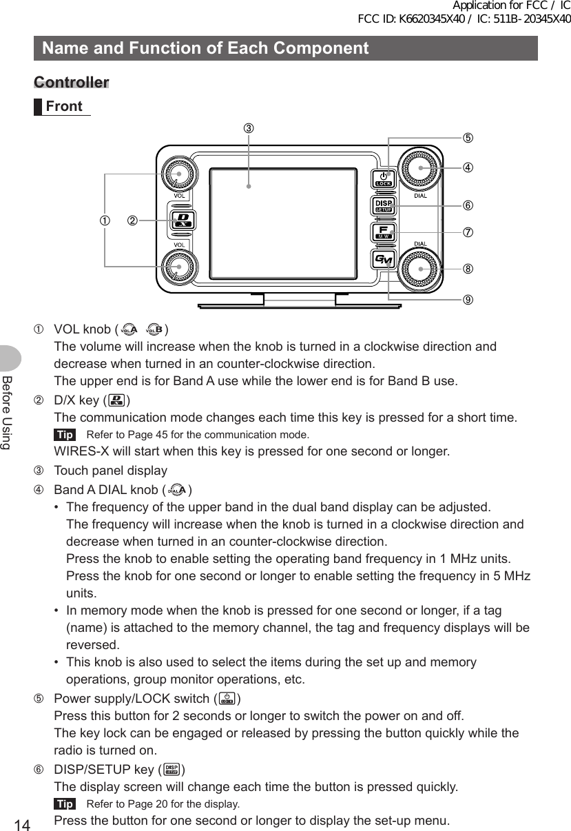 14Before UsingNameandFunctionofEachComponentControllerFront➀➃➄➅➆➇➈➁➂➀  VOL knob (    )The volume will increase when the knob is turned in a clockwise direction and decrease when turned in an counter-clockwise direction.The upper end is for Band A use while the lower end is for Band B use.➁  D/X key ( )The communication mode changes each time this key is pressed for a short time.Tip  Refer to Page 45 for the communication mode.WIRES-X will start when this key is pressed for one second or longer.➂  Touch panel display➃ Band A DIAL knob ( )•  The frequency of the upper band in the dual band display can be adjusted.  The frequency will increase when the knob is turned in a clockwise direction and decrease when turned in an counter-clockwise direction.  Press the knob to enable setting the operating band frequency in 1 MHz units.  Press the knob for one second or longer to enable setting the frequency in 5 MHz units.•  In memory mode when the knob is pressed for one second or longer, if a tag (name) is attached to the memory channel, the tag and frequency displays will be reversed.•  This knob is also used to select the items during the set up and memory operations, group monitor operations, etc.➄  Power supply/LOCK switch ( )Press this button for 2 seconds or longer to switch the power on and off.The key lock can be engaged or released by pressing the button quickly while the radio is turned on.➅  DISP/SETUP key ( )The display screen will change each time the button is pressed quickly.Tip  Refer to Page 20 for the display.Press the button for one second or longer to display the set-up menu.Application for FCC / IC FCC ID: K6620345X40 / IC: 511B-20345X40