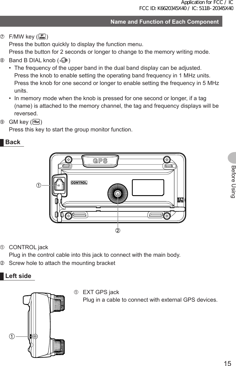 15Before UsingNameandFunctionofEachComponent➆  F/MW key ( )Press the button quickly to display the function menu.Press the button for 2 seconds or longer to change to the memory writing mode.➇  Band B DIAL knob ( )•  The frequency of the upper band in the dual band display can be adjusted.  Press the knob to enable setting the operating band frequency in 1 MHz units.  Press the knob for one second or longer to enable setting the frequency in 5 MHz units.•  In memory mode when the knob is pressed for one second or longer, if a tag (name) is attached to the memory channel, the tag and frequency displays will be reversed.➈  GM key ( )Press this key to start the group monitor function.Back➀➁➀  CONTROL jackPlug in the control cable into this jack to connect with the main body.➁  Screw hole to attach the mounting bracketLeftside➀➀  EXT GPS jackPlug in a cable to connect with external GPS devices.Application for FCC / IC FCC ID: K6620345X40 / IC: 511B-20345X40