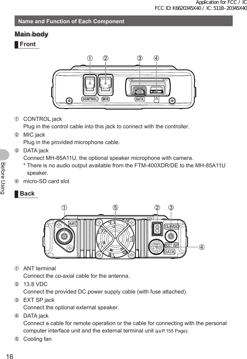 16Before UsingNameandFunctionofEachComponentMainbodyFront➀➁ ➂➃➀  CONTROL jackPlug in the control cable into this jack to connect with the controller.➁  MIC jackPlug in the provided microphone cable.➂  DATA jackConnect MH-85A11U, the optional speaker microphone with camera.*  There is no audio output available from the FTM-400XDR/DE to the MH-85A11U speaker.➃  micro-SD card slotBack➀➄➁➃➂➀  ANT terminalConnect the co-axial cable for the antenna.➁  13.8 VDCConnect the provided DC power supply cable (with fuse attached).➂  EXT SP jackConnect the optional external speaker.➃  DATA jackConnect a cable for remote operation or the cable for connecting with the personal computer interface unit and the external terminal unit ( P.155 Page).➄  Cooling fanApplication for FCC / IC FCC ID: K6620345X40 / IC: 511B-20345X40