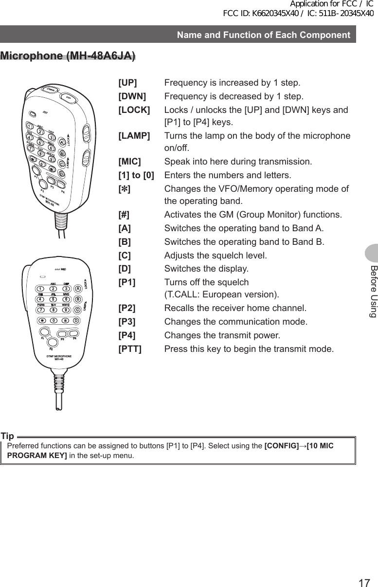 17Before UsingNameandFunctionofEachComponentMicrophone(MH-48A6JA)LOCKP3P2P171482059BACD36P4LAMPDTMF MICROPHONEMH-48ABCJKLTUVGHIPQRSDEFMNOWXYZMIC[UP]  Frequency is increased by 1 step.[DWN]  Frequency is decreased by 1 step.[LOCK]  Locks / unlocks the [UP] and [DWN] keys and [P1] to [P4] keys.[LAMP]  Turns the lamp on the body of the microphone on/off.[MIC]  Speak into here during transmission.[1]to[0]  Enters the numbers and letters.[✽]  Changes the VFO/Memory operating mode of the operating band.[#]  Activates the GM (Group Monitor) functions.[A]  Switches the operating band to Band A.[B]  Switches the operating band to Band B.[C]  Adjusts the squelch level.[D]  Switches the display.[P1]  Turns off the squelch (T.CALL: European version).[P2]  Recalls the receiver home channel.[P3]  Changes the communication mode.[P4]  Changes the transmit power.[PTT]  Press this key to begin the transmit mode.TipPreferred functions can be assigned to buttons [P1] to [P4]. Select using the [CONFIG]→[10MICPROGRAMKEY] in the set-up menu.Application for FCC / IC FCC ID: K6620345X40 / IC: 511B-20345X40