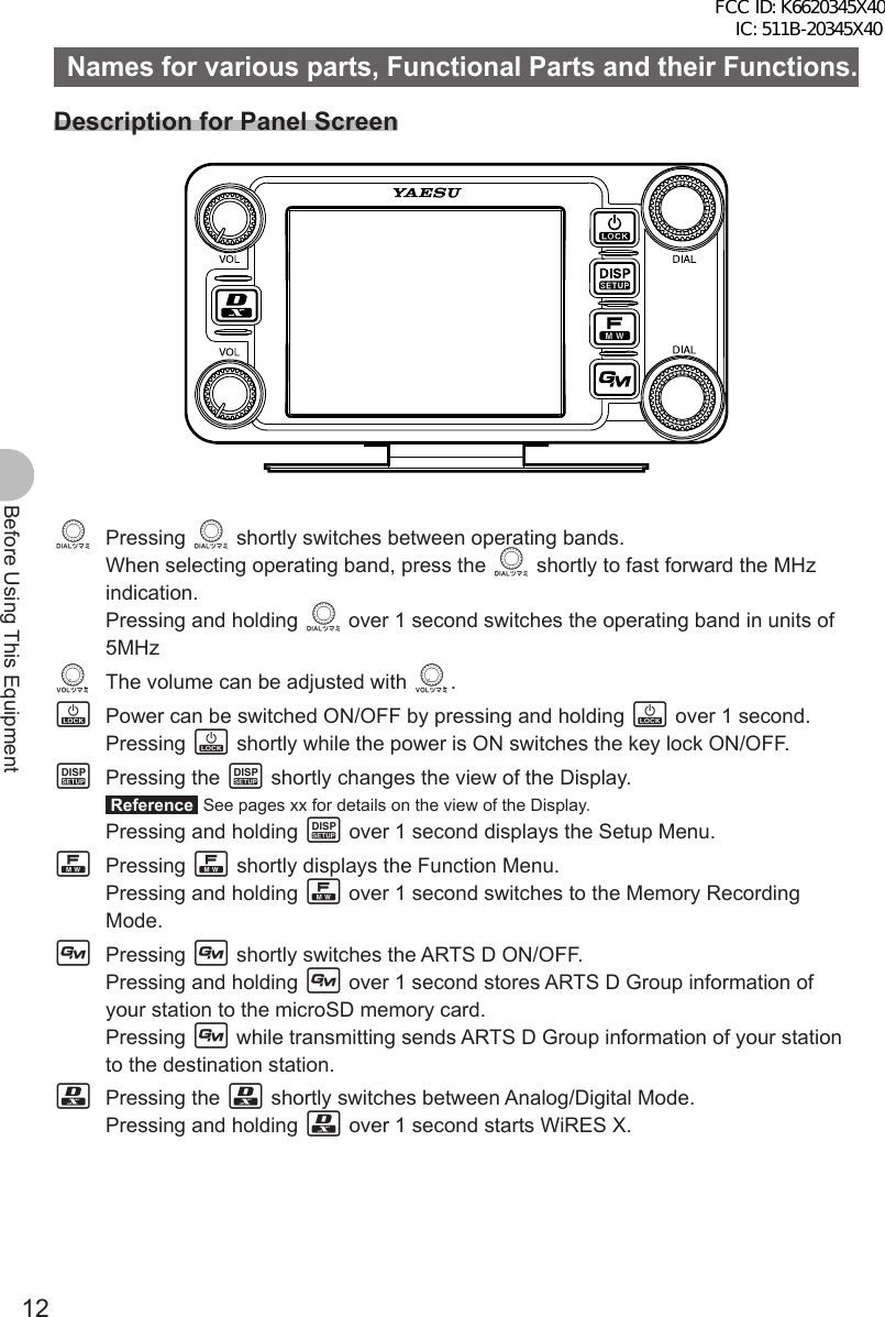 12Before Using This EquipmentNames for various parts, Functional Parts and their Functions.Description for Panel ScreenO Pressing O shortly switches between operating bands.  When selecting operating band, press the O shortly to fast forward the MHz indication.  Pressing and holding O over 1 second switches the operating band in units of 5MHzv  The volume can be adjusted with v.P  Power can be switched ON/OFF by pressing and holding P over 1 second. Pressing P shortly while the power is ON switches the key lock ON/OFF.M Pressing the M shortly changes the view of the Display. Reference  See pages xx for details on the view of the Display.  Pressing and holding M over 1 second displays the Setup Menu.F Pressing F shortly displays the Function Menu.  Pressing and holding F over 1 second switches to the Memory Recording Mode.D Pressing D shortly switches the ARTS D ON/OFF.  Pressing and holding D over 1 second stores ARTS D Group information of your station to the microSD memory card. Pressing D while transmitting sends ARTS D Group information of your station to the destination station.% Pressing the % shortly switches between Analog/Digital Mode.  Pressing and holding % over 1 second starts WiRES X.FCC ID: K6620345X40 IC: 511B-20345X40 