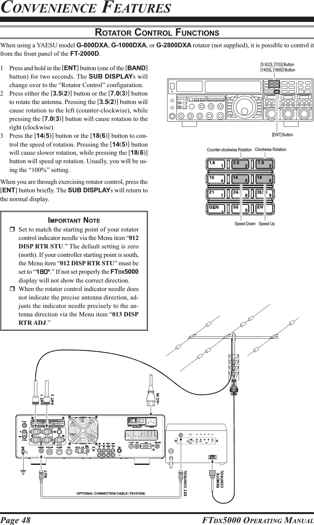 Page 48 FTDX5000 OPERATING MANUALROTATOR CONTROL FUNCTIONSWhen using a YAESU model G-800DXA, G-1000DXA, or G-2800DXA rotator (not supplied), it is possible to control itfrom the front panel of the FT-2000D.1 Press and hold in the [ENT] button (one of the [BAND]button) for two seconds. The SUB DISPLAYs willchange over to the “Rotator Control” configuration.2 Press either the [3.5(2)] button or the [7.0(3)] buttonto rotate the antenna. Pressing the [3.5(2)] button willcause rotation to the left (counter-clockwise), whilepressing the [7.0(3)] button will cause rotation to theright (clockwise).3 Press the [14(5)] button or the [18(6)] button to con-trol the speed of rotation. Pressing the [14(5)] buttonwill cause slower rotation, while pressing the [18(6)]button will speed up rotation. Usually, you will be us-ing the “100%” setting.When you are through exercising rotator control, press the[ENT] button briefly. The SUB DISPLAYs will return tothe normal display.CONVENIENCE FEATURESIMPORTANT NOTESet to match the starting point of your rotatorcontrol indicator needle via the Menu item “012DISP RTR STU.” The default setting is zero(north). If your controller starting point is south,the Menu item “012 DISP RTR STU” must beset to “180°180°180°180°180°.” If not set properly the FTDX5000display will not show the correct direction.When the rotator control indicator needle doesnot indicate the precise antenna direction, ad-justs the indicator needle precisely to the an-tenna direction via the Menu item “013 DISPRTR ADJ.”[ENT] Button[3.5(2)], [7(3)] Button[14(5)], [18(6)] ButtonANT 1~AC INANT 2EXT CONTROLREMOTECONTROLROTEXTCONTROLSELECTSWITCHPRESETADJOPERATIONMODEADJ. MODE FULLSCALEADJOVERLAPLED ADJOUT VOLADJABOPTIONAL CONNECTION CABLE   ()T9101556Counter-clockwise Rotation Clockwise RotationSpeed Down Speed Up