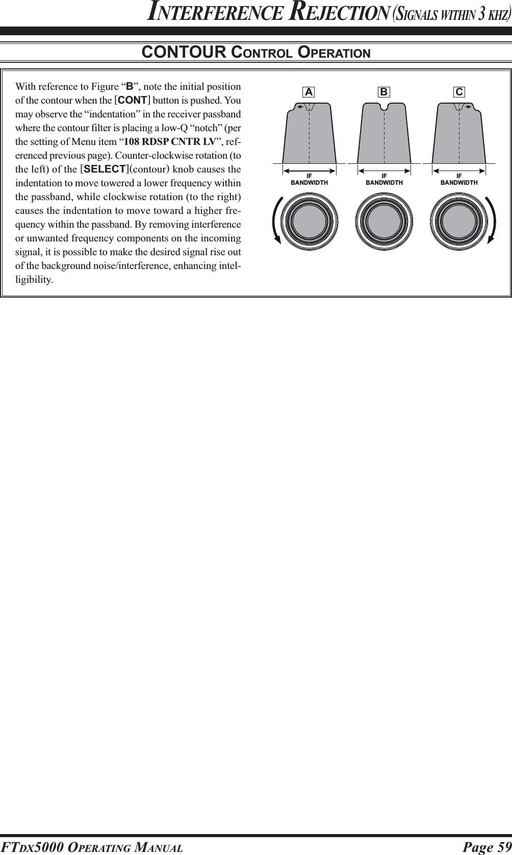 Page 59FTDX5000 OPERATING MANUALCONTOUR CONTROL OPERATIONINTERFERENCE REJECTION (SIGNALS WITHIN 3 KHZ)With reference to Figure “B”, note the initial positionof the contour when the [CONT] button is pushed. Youmay observe the “indentation” in the receiver passbandwhere the contour filter is placing a low-Q “notch” (perthe setting of Menu item “108 RDSP CNTR LV”, ref-erenced previous page). Counter-clockwise rotation (tothe left) of the [SELECT](contour) knob causes theindentation to move towered a lower frequency withinthe passband, while clockwise rotation (to the right)causes the indentation to move toward a higher fre-quency within the passband. By removing interferenceor unwanted frequency components on the incomingsignal, it is possible to make the desired signal rise outof the background noise/interference, enhancing intel-ligibility.IFBANDWIDTHIFBANDWIDTHIFBANDWIDTHABC
