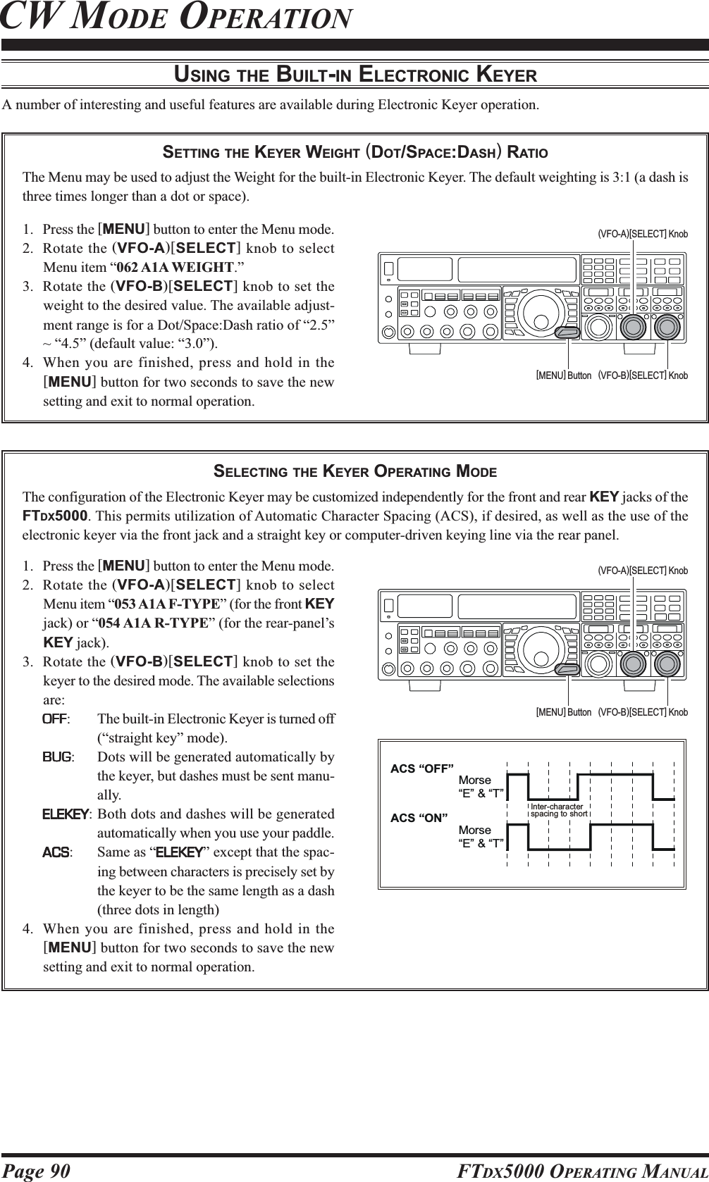 Page 90 FTDX5000 OPERATING MANUALA number of interesting and useful features are available during Electronic Keyer operation.SETTING THE KEYER WEIGHT (DOT/SPACE:DASH) RATIOThe Menu may be used to adjust the Weight for the built-in Electronic Keyer. The default weighting is 3:1 (a dash isthree times longer than a dot or space).USING THE BUILT-IN ELECTRONIC KEYERCW MODE OPERATION1. Press the [MENU] button to enter the Menu mode.2. Rotate the (VFO-A)[SELECT] knob to selectMenu item “062 A1A WEIGHT.”3. Rotate the (VFO-B)[SELECT] knob to set theweight to the desired value. The available adjust-ment range is for a Dot/Space:Dash ratio of “2.5”~ “4.5” (default value: “3.0”).4. When you are finished, press and hold in the[MENU] button for two seconds to save the newsetting and exit to normal operation.SELECTING THE KEYER OPERATING MODEThe configuration of the Electronic Keyer may be customized independently for the front and rear KEY jacks of theFTDX5000. This permits utilization of Automatic Character Spacing (ACS), if desired, as well as the use of theelectronic keyer via the front jack and a straight key or computer-driven keying line via the rear panel.1. Press the [MENU] button to enter the Menu mode.2. Rotate the (VFO-A)[SELECT] knob to selectMenu item “053 A1A F-TYPE” (for the front KEYjack) or “054 A1A R-TYPE” (for the rear-panel’sKEY jack).3. Rotate the (VFO-B)[SELECT] knob to set thekeyer to the desired mode. The available selectionsare:OFFOFFOFFOFFOFF: The built-in Electronic Keyer is turned off(“straight key” mode).BUGBUGBUGBUGBUG: Dots will be generated automatically bythe keyer, but dashes must be sent manu-ally.ELEKEYELEKEYELEKEYELEKEYELEKEY: Both dots and dashes will be generatedautomatically when you use your paddle.ACSACSACSACSACS: Same as “ELEKEYELEKEYELEKEYELEKEYELEKEY” except that the spac-ing between characters is precisely set bythe keyer to be the same length as a dash(three dots in length)4. When you are finished, press and hold in the[MENU] button for two seconds to save the newsetting and exit to normal operation.Inter-characterspacing to shortMorse“E” &amp; “T”Morse“E” &amp; “T”ACS “ON”ACS “OFF”(VFO-B)[SELECT] Knob[MENU] Button(VFO-A)[SELECT] Knob(VFO-B)[SELECT] Knob[MENU] Button(VFO-A)[SELECT] Knob