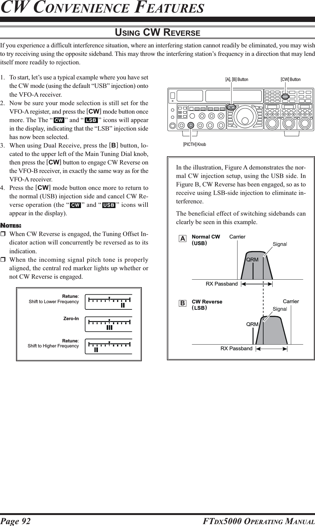 Page 92 FTDX5000 OPERATING MANUALUSING CW REVERSEIf you experience a difficult interference situation, where an interfering station cannot readily be eliminated, you may wishto try receiving using the opposite sideband. This may throw the interfering station’s frequency in a direction that may lenditself more readily to rejection.1. To start, let’s use a typical example where you have setthe CW mode (using the default “USB” injection) ontothe VFO-A receiver.2. Now be sure your mode selection is still set for theVFO-A register, and press the [CW] mode button oncemore. The The “ ” and “ ” icons will appearin the display, indicating that the “LSB” injection sidehas now been selected.3. When using Dual Receive, press the [B] button, lo-cated to the upper left of the Main Tuning Dial knob,then press the [CW] button to engage CW Reverse onthe VFO-B receiver, in exactly the same way as for theVFO-A receiver.4. Press the [CW] mode button once more to return tothe normal (USB) injection side and cancel CW Re-verse operation (the “ ” and “ ” icons willappear in the display).NOTES:When CW Reverse is engaged, the Tuning Offset In-dicator action will concurrently be reversed as to itsindication.When the incoming signal pitch tone is properlyaligned, the central red marker lights up whether ornot CW Reverse is engaged.CW CONVENIENCE FEATURESIn the illustration, Figure A demonstrates the nor-mal CW injection setup, using the USB side. InFigure B, CW Reverse has been engaged, so as toreceive using LSB-side injection to eliminate in-terference.The beneficial effect of switching sidebands canclearly be seen in this example.RX PassbandRX PassbandCarrierCarrierQRMQRMNormal CW(        )CW Reverse(        )USBLSBAB[CW] Button[PICTH] Knob[A], [B] ButtonRetune:Shift to Lower FrequencyZero-InRetune:Shift to Higher Frequency