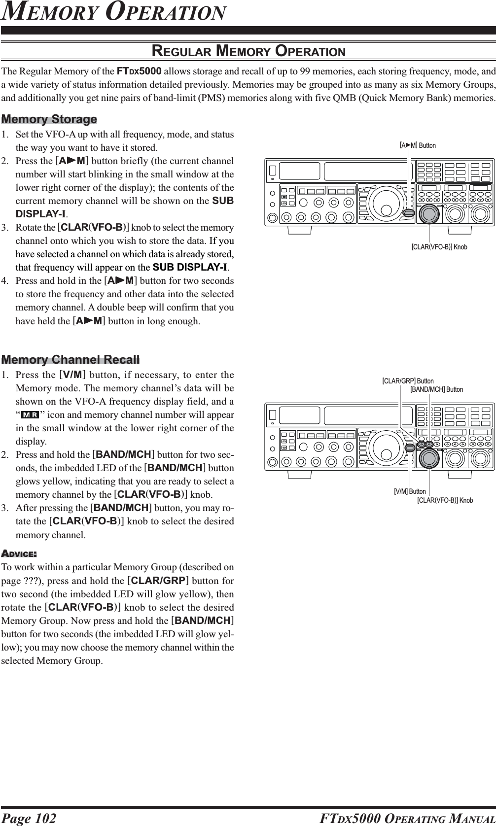 Page 102 FTDX5000 OPERATING MANUALMEMORY OPERATIONREGULAR MEMORY OPERATIONThe Regular Memory of the FTDX5000 allows storage and recall of up to 99 memories, each storing frequency, mode, anda wide variety of status information detailed previously. Memories may be grouped into as many as six Memory Groups,and additionally you get nine pairs of band-limit (PMS) memories along with five QMB (Quick Memory Bank) memories.Memory Storage1. Set the VFO-A up with all frequency, mode, and statusthe way you want to have it stored.2. Press the [AXXXXXM] button briefly (the current channelnumber will start blinking in the small window at thelower right corner of the display); the contents of thecurrent memory channel will be shown on the SUBDISPLAY-I.3. Rotate the [CLAR(VFO-B)] knob to select the memorychannel onto which you wish to store the data. If youhave selected a channel on which data is already stored,that frequency will appear on the SUB DISPLAY-I.4. Press and hold in the [AXXXXXM] button for two secondsto store the frequency and other data into the selectedmemory channel. A double beep will confirm that youhave held the [AXXXXXM] button in long enough.Memory Channel Recall1. Press the [V/M] button, if necessary, to enter theMemory mode. The memory channel’s data will beshown on the VFO-A frequency display field, and a“” icon and memory channel number will appearin the small window at the lower right corner of thedisplay.2. Press and hold the [BAND/MCH] button for two sec-onds, the imbedded LED of the [BAND/MCH] buttonglows yellow, indicating that you are ready to select amemory channel by the [CLAR(VFO-B)] knob.3. After pressing the [BAND/MCH] button, you may ro-tate the [CLAR(VFO-B)] knob to select the desiredmemory channel.ADVICE:To work within a particular Memory Group (described onpage ???), press and hold the [CLAR/GRP] button fortwo second (the imbedded LED will glow yellow), thenrotate the [CLAR(VFO-B)] knob to select the desiredMemory Group. Now press and hold the [BAND/MCH]button for two seconds (the imbedded LED will glow yel-low); you may now choose the memory channel within theselected Memory Group.[CLAR(VFO-B)] Knob[AXM] Button[CLAR(VFO-B)] Knob[V/M] Button[BAND/MCH] Button[CLAR/GRP] Button