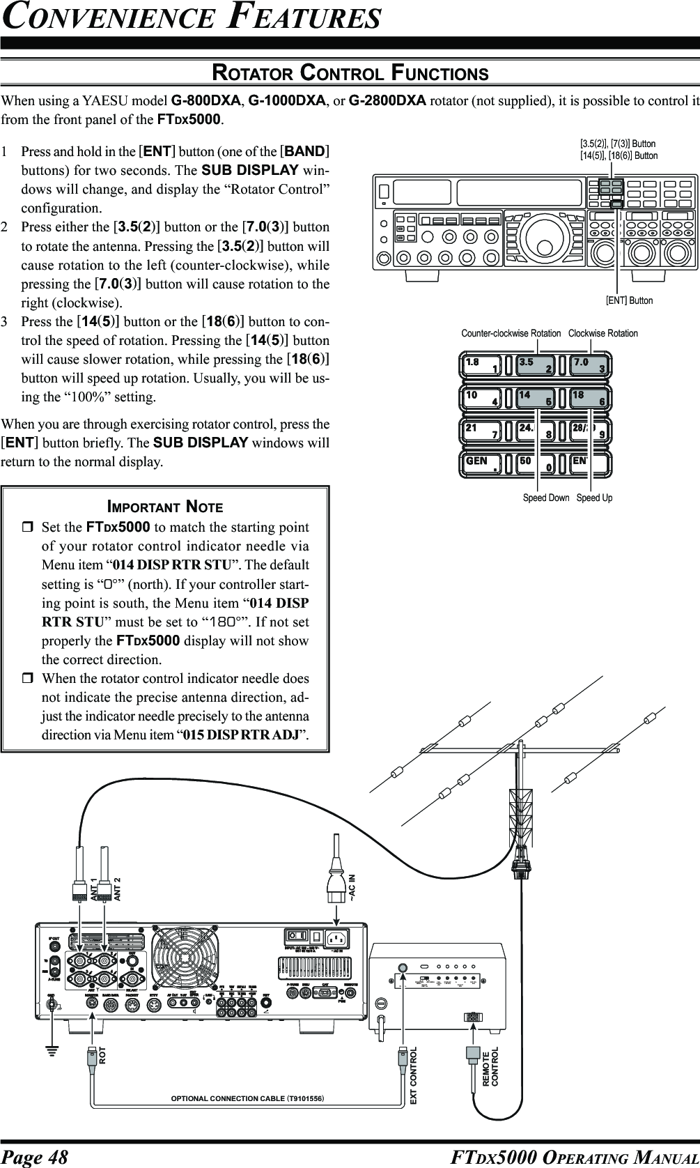 Page 48 FTDX5000 OPERATING MANUALROTATOR CONTROL FUNCTIONSWhen using a YAESU model G-800DXA, G-1000DXA, or G-2800DXA rotator (not supplied), it is possible to control itfrom the front panel of the FTDX5000.1 Press and hold in the [ENT] button (one of the [BAND]buttons) for two seconds. The SUB DISPLAY win-dows will change, and display the “Rotator Control”configuration.2 Press either the [3.5(2)] button or the [7.0(3)] buttonto rotate the antenna. Pressing the [3.5(2)] button willcause rotation to the left (counter-clockwise), whilepressing the [7.0(3)] button will cause rotation to theright (clockwise).3 Press the [14(5)] button or the [18(6)] button to con-trol the speed of rotation. Pressing the [14(5)] buttonwill cause slower rotation, while pressing the [18(6)]button will speed up rotation. Usually, you will be us-ing the “100%” setting.When you are through exercising rotator control, press the[ENT] button briefly. The SUB DISPLAY windows willreturn to the normal display.CONVENIENCE FEATURESIMPORTANT NOTESet the FTDX5000 to match the starting pointof your rotator control indicator needle viaMenu item “014 DISP RTR STU”. The defaultsetting is “0°” (north). If your controller start-ing point is south, the Menu item “014 DISPRTR STU” must be set to “180°”. If not setproperly the FTDX5000 display will not showthe correct direction.When the rotator control indicator needle doesnot indicate the precise antenna direction, ad-just the indicator needle precisely to the antennadirection via Menu item “015 DISP RTR ADJ”.[ENT] Button[3.5(2)], [7(3)] Button[14(5)], [18(6)] ButtonANT 1~AC INANT 2EXT CONTROLREMOTECONTROLROTEXTCONT ROLSELECTSWITCHPRESETADJOPERATIONMODEADJ. MODE F ULLSCALEADJOVERLAPLED ADJOUT VOLADJABOPTIONAL CONNECTION CABLE   ()T9101556Counter-clockwise Rotation Clockwise RotationSpeed Down Speed Up