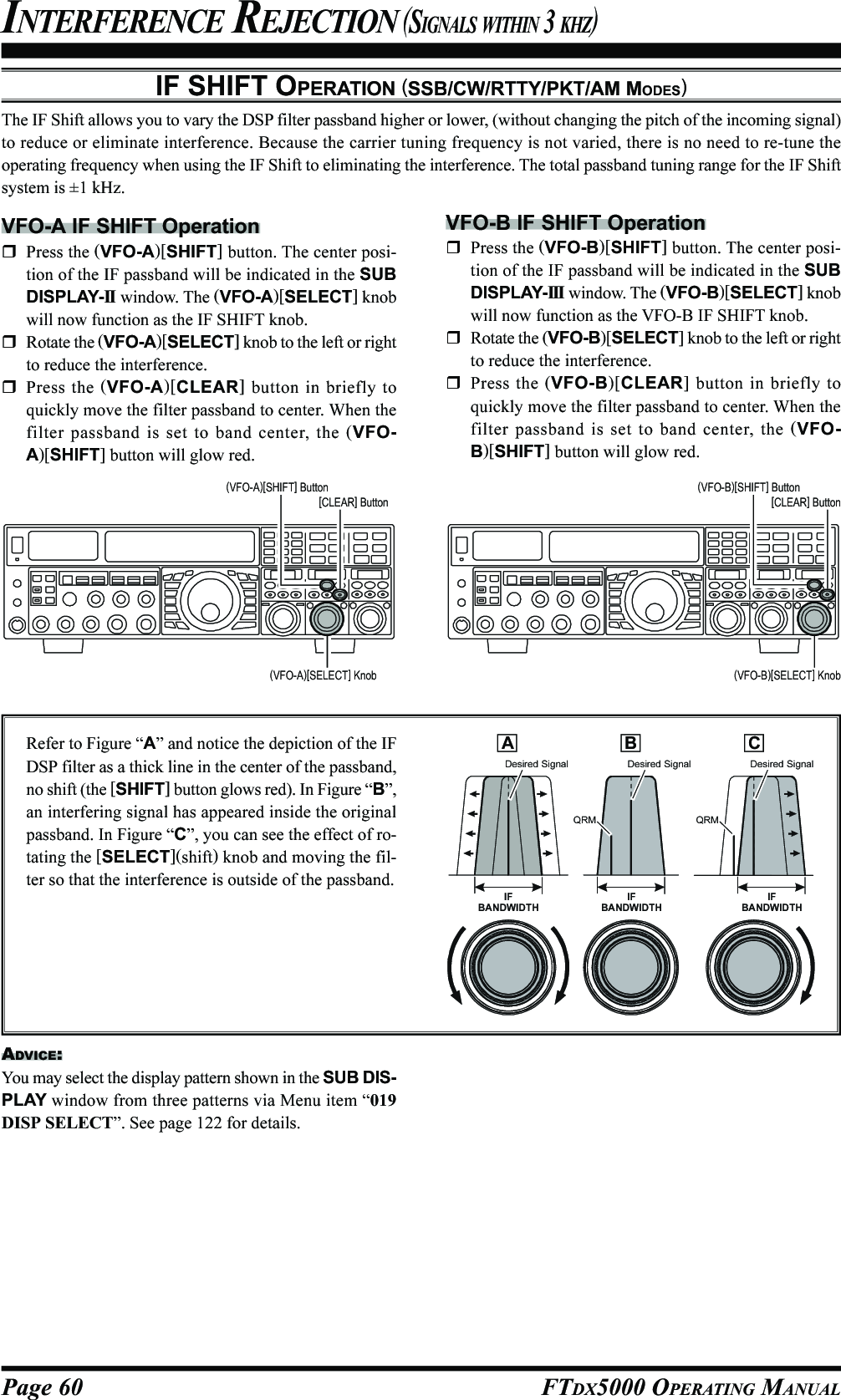 Page 60 FTDX5000 OPERATING MANUALIF SHIFT OPERATION (SSB/CW/RTTY/PKT/AM MODES)The IF Shift allows you to vary the DSP filter passband higher or lower, (without changing the pitch of the incoming signal)to reduce or eliminate interference. Because the carrier tuning frequency is not varied, there is no need to re-tune theoperating frequency when using the IF Shift to eliminating the interference. The total passband tuning range for the IF Shiftsystem is ±1 kHz.INTERFERENCE REJECTION (SIGNALS WITHIN 3 KHZ)VFO-A IF SHIFT OperationPress the (VFO-A)[SHIFT] button. The center posi-tion of the IF passband will be indicated in the SUBDISPLAY-II  window. The (VFO-A)[SELECT] knobwill now function as the IF SHIFT knob.Rotate the (VFO-A)[SELECT] knob to the left or rightto reduce the interference.Press the (VFO-A)[CLEAR] button in briefly toquickly move the filter passband to center. When thefilter passband is set to band center, the (VFO-A)[SHIFT] button will glow red.Refer to Figure “A” and notice the depiction of the IFDSP filter as a thick line in the center of the passband,no shift (the [SHIFT] button glows red). In Figure “B”,an interfering signal has appeared inside the originalpassband. In Figure “C”, you can see the effect of ro-tating the [SELECT](shift) knob and moving the fil-ter so that the interference is outside of the passband.VFO-B IF SHIFT OperationPress the (VFO-B)[SHIFT] button. The center posi-tion of the IF passband will be indicated in the SUBDISPLAY-III  window. The (VFO-B)[SELECT] knobwill now function as the VFO-B IF SHIFT knob.Rotate the (VFO-B)[SELECT] knob to the left or rightto reduce the interference.Press the (VFO-B)[CLEAR] button in briefly toquickly move the filter passband to center. When thefilter passband is set to band center, the (VFO-B)[SHIFT] button will glow red.(VFO-A)[SELECT] Knob (VFO-B)[SELECT] Knob(VFO-B)[SHIFT] Button[CLEAR] Button(VFO-A)[SHIFT] Button[CLEAR] ButtonABCIFBANDWIDTHIFBANDWIDTHIFBANDWIDTHDesired Signal Desired Signal Desired SignalQRMQRMADVICE:You may select the display pattern shown in the SUB DIS-PLAY window from three patterns via Menu item “019DISP SELECT”. See page 122 for details.