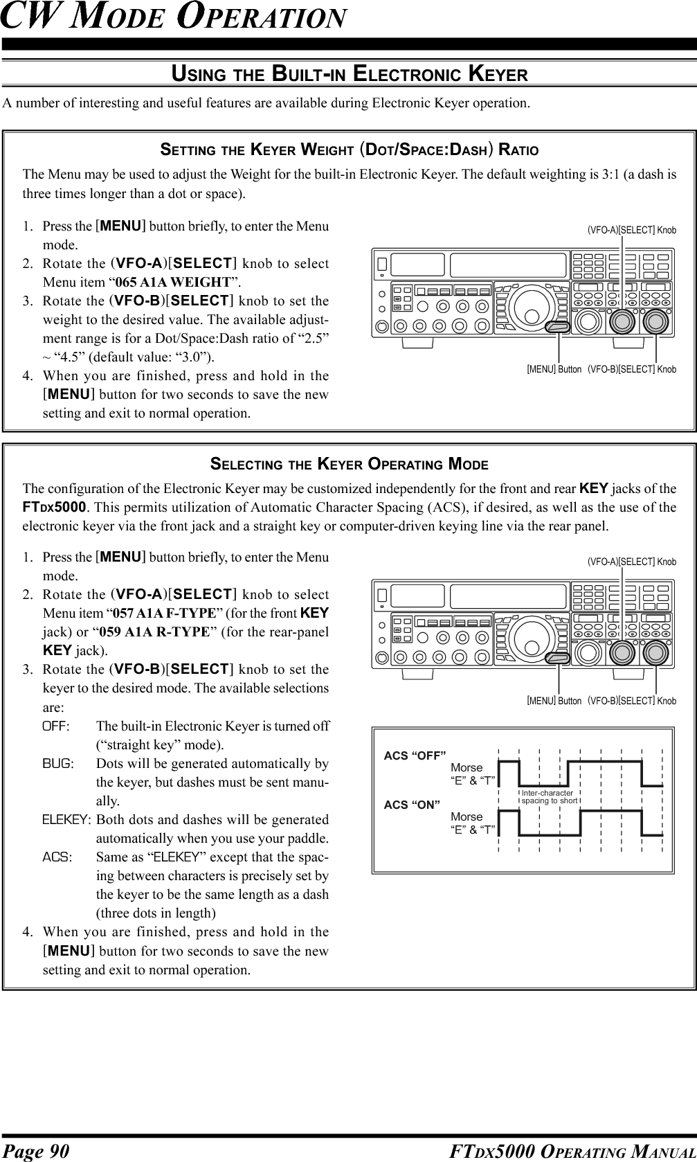 Page 90 FTDX5000 OPERATING MANUALA number of interesting and useful features are available during Electronic Keyer operation.SETTING THE KEYER WEIGHT (DOT/SPACE:DASH) RATIOThe Menu may be used to adjust the Weight for the built-in Electronic Keyer. The default weighting is 3:1 (a dash isthree times longer than a dot or space).USING THE BUILT-IN ELECTRONIC KEYERCW MODE OPERATION1. Press the [MENU] button briefly, to enter the Menumode.2. Rotate the (VFO-A)[SELECT] knob to selectMenu item “065 A1A WEIGHT”.3. Rotate the (VFO-B)[SELECT] knob to set theweight to the desired value. The available adjust-ment range is for a Dot/Space:Dash ratio of “2.5”~ “4.5” (default value: “3.0”).4. When you are finished, press and hold in the[MENU] button for two seconds to save the newsetting and exit to normal operation.SELECTING THE KEYER OPERATING MODEThe configuration of the Electronic Keyer may be customized independently for the front and rear KEY jacks of theFTDX5000. This permits utilization of Automatic Character Spacing (ACS), if desired, as well as the use of theelectronic keyer via the front jack and a straight key or computer-driven keying line via the rear panel.1. Press the [MENU] button briefly, to enter the Menumode.2. Rotate the (VFO-A)[SELECT] knob to selectMenu item “057 A1A F-TYPE” (for the front KEYjack) or “059 A1A R-TYPE” (for the rear-panelKEY jack).3. Rotate the (VFO-B)[SELECT] knob to set thekeyer to the desired mode. The available selectionsare:OFF: The built-in Electronic Keyer is turned off(“straight key” mode).BUG: Dots will be generated automatically bythe keyer, but dashes must be sent manu-ally.ELEKEY: Both dots and dashes will be generatedautomatically when you use your paddle.ACS: Same as “ELEKEY” except that the spac-ing between characters is precisely set bythe keyer to be the same length as a dash(three dots in length)4. When you are finished, press and hold in the[MENU] button for two seconds to save the newsetting and exit to normal operation.Inter-characterspacing to shortMorse“E” &amp; “T”Morse“E” &amp; “T”ACS “ON”ACS “OFF”(VFO-B)[SELECT] Knob[MENU] Button(VFO-A)[SELECT] Knob(VFO-B)[SELECT] Knob[MENU] Button(VFO-A)[SELECT] Knob