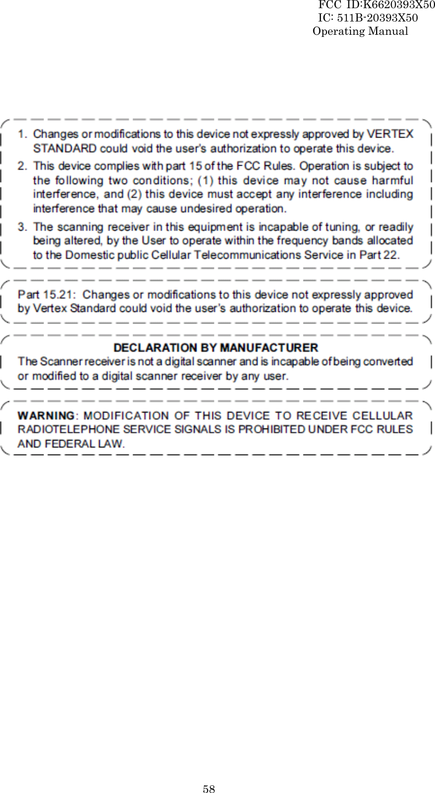 FCC ID:K6620393X50                 IC: 511B-20393X50 Operating Manual  58   