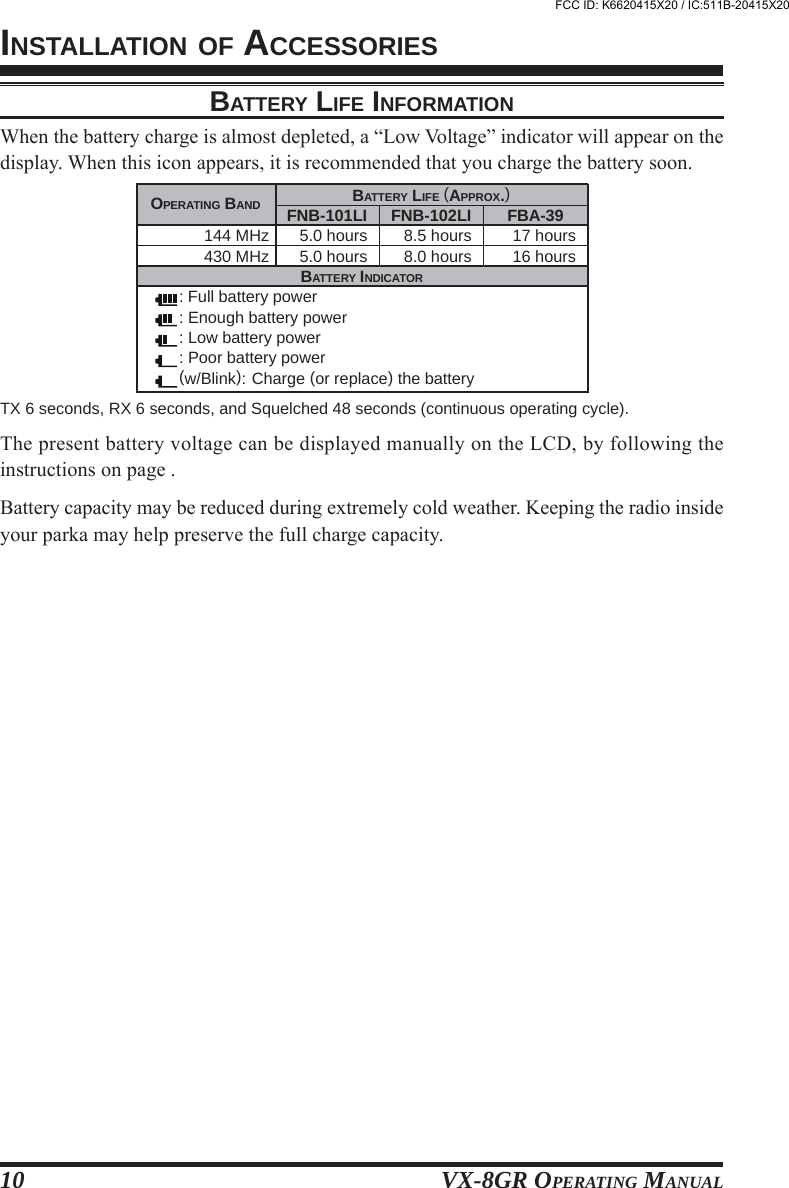 VX-8GR OPERATING MANUAL10INSTALLATION OF ACCESSORIESBATTERY LIFE INFORMATIONWhen the battery charge is almost depleted, a “Low Voltage” indicator will appear on thedisplay. When this icon appears, it is recommended that you charge the battery soon.TX 6 seconds, RX 6 seconds, and Squelched 48 seconds (continuous operating cycle).The present battery voltage can be displayed manually on the LCD, by following theinstructions on page .Battery capacity may be reduced during extremely cold weather. Keeping the radio insideyour parka may help preserve the full charge capacity.OPERATING BAND144 MHz430 MHzFNB-101LI5.0 hours5.0 hoursFBA-3917 hours16 hoursBATTERY INDICATOR: Full battery power: Enough battery power: Low battery power: Poor battery power(w/Blink): Charge (or replace) the batteryBATTERY LIFE (APPROX.)FNB-102LI8.5 hours8.0 hoursFCC ID: K6620415X20 / IC:511B-20415X20