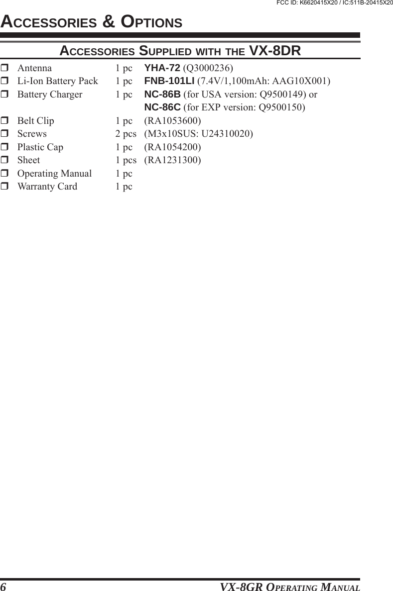VX-8GR OPERATING MANUAL6ACCESSORIES SUPPLIED WITH THE VX-8DRAntenna 1 pc YHA-72 (Q3000236)Li-Ion Battery Pack 1 pc FNB-101LI (7.4V/1,100mAh: AAG10X001)Battery Charger 1 pc NC-86B (for USA version: Q9500149) orNC-86C (for EXP version: Q9500150)Belt Clip 1 pc (RA1053600)Screws 2 pcs (M3x10SUS: U24310020)Plastic Cap 1 pc (RA1054200)Sheet 1 pcs (RA1231300)Operating Manual 1 pcWarranty Card 1 pcACCESSORIES &amp; OPTIONSFCC ID: K6620415X20 / IC:511B-20415X20