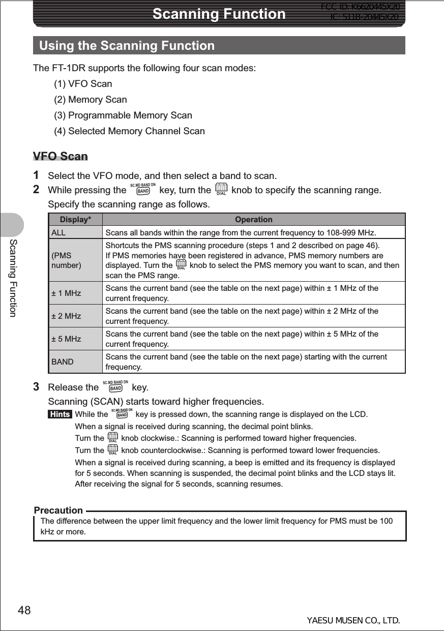 48Scanning FunctionScanning FunctionUsing the Scanning FunctionThe FT-1DR supports the following four scan modes:(1) VFO Scan(2) Memory Scan(3) Programmable Memory Scan(4) Selected Memory Channel ScanVFO Scan1  Select the VFO mode, and then select a band to scan.2  While pressing the B key, turn the O knob to specify the scanning range.  Specify the scanning range as follows.Display* OperationALL Scans all bands within the range from the current frequency to 108-999 MHz.(PMS number)Shortcuts the PMS scanning procedure (steps 1 and 2 described on page 46). If PMS memories have been registered in advance, PMS memory numbers are displayed. Turn the O knob to select the PMS memory you want to scan, and then scan the PMS range.± 1 MHz Scans the current band (see the table on the next page) within ± 1 MHz of the current frequency.± 2 MHz Scans the current band (see the table on the next page) within ± 2 MHz of the current frequency.± 5 MHz Scans the current band (see the table on the next page) within ± 5 MHz of the current frequency.BAND Scans the current band (see the table on the next page) starting with the current frequency.3 Release the B key.  Scanning (SCAN) starts toward higher frequencies. Hints  While the B key is pressed down, the scanning range is displayed on the LCD.  When a signal is received during scanning, the decimal point blinks. Turn the O knob clockwise.: Scanning is performed toward higher frequencies. Turn the O knob counterclockwise.: Scanning is performed toward lower frequencies.  When a signal is received during scanning, a beep is emitted and its frequency is displayed for 5 seconds. When scanning is suspended, the decimal point blinks and the LCD stays lit. After receiving the signal for 5 seconds, scanning resumes.PrecautionThe difference between the upper limit frequency and the lower limit frequency for PMS must be 100 kHz or more.FCC ID: K6620445X20 IC: 511B-20445X20YAESU MUSEN CO., LTD.