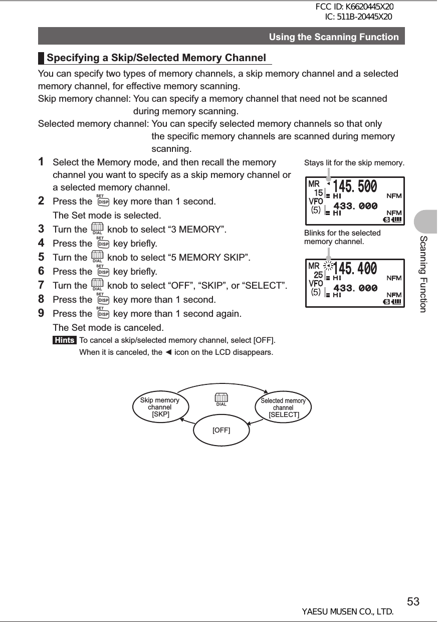 53Scanning FunctionUsing the Scanning FunctionSpecifying a Skip/Selected Memory ChannelYou can specify two types of memory channels, a skip memory channel and a selected memory channel, for effective memory scanning.Skip memory channel:  You can specify a memory channel that need not be scanned during memory scanning.Selected memory channel:  You can specify selected memory channels so that only the specific memory channels are scanned during memory scanning.1  Select the Memory mode, and then recall the memory channel you want to specify as a skip memory channel or a selected memory channel. 2 Press the M key more than 1 second.  The Set mode is selected.3 Turn the O knob to select “3 MEMORY”.4 Press the M key briefly.5 Turn the O knob to select “5 MEMORY SKIP”.6 Press the M key briefly.7 Turn the O knob to select “OFF”, “SKIP”, or “SELECT”.8 Press the M key more than 1 second.9 Press the M key more than 1 second again.  The Set mode is canceled. Hints  To cancel a skip/selected memory channel, select [OFF].  When it is canceled, the  icon on the LCD disappears.Skip memory channel [SKP]Selected memory channel [SELECT]O[OFF]Stays lit for the skip memory.Blinks for the selected memory channel.FCC ID: K6620445X20 IC: 511B-20445X20YAESU MUSEN CO., LTD.