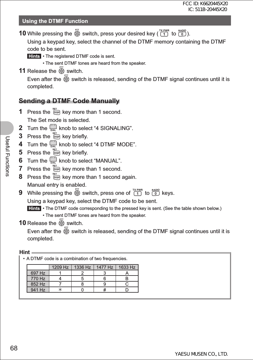 68Useful FunctionsUsing the DTMF Function10 While pressing the p switch, press your desired key (1 to 0).  Using a keypad key, select the channel of the DTMF memory containing the DTMF code to be sent. Hints  •  The registered DTMF code is sent. •  The sent DTMF tones are heard from the speaker.11 Release the p switch.  Even after the p switch is released, sending of the DTMF signal continues until it is completed.Sending a DTMF Code Manually1 Press the M key more than 1 second.  The Set mode is selected.2 Turn the O knob to select “4 SIGNALING”.3 Press the M key briefly. 4 Turn the O knob to select “4 DTMF MODE”. 5 Press the M key briefly.6 Turn the O knob to select “MANUAL”.7 Press the M key more than 1 second.8 Press the M key more than 1 second again.  Manual entry is enabled.9  While pressing the p switch, press one of 1 to 0 keys.  Using a keypad key, select the DTMF code to be sent. Hints  •  The DTMF code corresponding to the pressed key is sent. (See the table shown below.) •  The sent DTMF tones are heard from the speaker. 10 Release the p switch.   Even after the p switch is released, sending of the DTMF signal continues until it is completed.Hint•  A DTMF code is a combination of two frequencies. 1209 Hz 1336 Hz 1477 Hz 1633 Hz697 Hz 1 2 3 A770 Hz 4 5 6 B852 Hz 7 8 9 C941 Hz ¼0#DFCC ID: K6620445X20 IC: 511B-20445X20YAESU MUSEN CO., LTD.