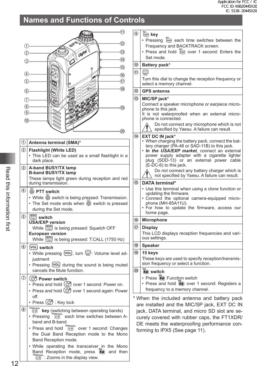 12Read this information firstNames and Functions of Controls①②③④⑤⑥⑦⑧⑨⑩⑪⑫⑬⑭⑮⑯⑰⑱⑲⑳①Antenna terminal (SMA)*②Flashlight (White LED)•  This LED can be used as a small flashlight in a dark place.③A-band BUSY/TX lampB-band BUSY/TX lampThese lamps light green during reception and red during transmission.④p PTT switch•  While p switch is being pressed: Transmission.•  The Set mode ends when p switch is pressed during the Set mode.⑤T switchUSA/EXP versionWhile T is being pressed: Squelch OFFEuropean versionWhile T is being pressed: T.CALL (1750 Hz)⑥v switch•  While pressing v, turn O: Volume level ad-justment•  Pressing v during the sound is being muted cancels the Mute function.⑦P Power switch•  Press and hold P over 1 second: Power on.•  Press and hold P over 1 second again: Power off.•  Press P : Key lock⑧A key (switching between operating bands)•  Pressing A each time switches between A-band and B-band.•  Press and hold A over 1 second: Changes the Dual Band Reception mode to the Mono Band Reception mode.•  While operating the transceiver in the Mono Band Reception mode, press F and then A: Zooms in the display view.⑨M key•  Pressing  M each time switches between the Frequency and BACKTRACK screen.•  Press and hold M over 1 second: Enters the Set mode.⑩Battery pack*⑪OTurn this dial to change the reception frequency or select a memory channel.⑫GPS antenna⑬MIC/SP jack*Connect a speaker microphone or earpiece micro-phone to this jack.It is not waterproofed when an external micro-phone is connected.Do not connect any microphone which is not specified by Yaesu. A failure can result.⑭EXT DC IN jack*•  When charging the battery pack, connect the bat-tery charger (PA-48 or SAD-11B) to this jack.•  In the USA/EXP market, connect an external power supply adapter with a cigarette lighter plug (SDD-13) or an external power cable  (E-DC-6) to this jack.Do not connect any battery charger which is not specified by Yaesu. A failure can result.⑮DATA terminal*•  Use this terminal when using a clone function or updating the firmware.•  Connect the optional camera-equipped micro-phone (MH-85A11U).•  For how to update the firmware, access our home page.⑯Microphone⑰DisplayThis LCD displays reception frequencies and vari-ous settings.⑱Speaker⑲15 keysThese keys are used to specify reception/transmis-sion frequency or select a function.⑳F switch•  Press F Function switch•  Press and hold F over 1 second: Registers a frequency to a memory channel.*  When the included antenna and battery pack are installed and the MIC/SP jack, EXT DC IN jack, DATA terminal, and micro SD slot are se-curely covered with rubber caps, the FT1XDR/DE meets the waterproofing performance con-forming to IPX5 (See page 11). Application for FCC / IC FCC ID: K6620445X20 IC: 511B-20445X20