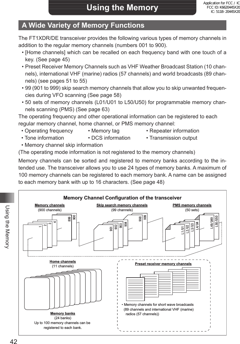 42Using the MemoryUsing the MemoryA Wide Variety of Memory FunctionsThe FT1XDR/DE transceiver provides the following various types of memory channels in addition to the regular memory channels (numbers 001 to 900). • [Home channels] which can be recalled on each frequency band with one touch of a key. (See page 45) • Preset Receiver Memory Channels such as VHF Weather Broadcast Station (10 chan-nels), international VHF (marine) radios (57 channels) and world broadcasts (89 chan-nels) (see pages 51 to 55) • 99 (901 to 999) skip search memory channels that allow you to skip unwanted frequen-cies during VFO scanning (See page 58) • 50 sets of memory channels (L01/U01 to L50/U50) for programmable memory chan-nels scanning (PMS) (See page 63)The operating frequency and other operational information can be registered to eachregular memory channel, home channel, or PMS memory channel:• Operating frequency  • Memory tag    • Repeater information• Tone information  • DCS information  • Transmission output• Memory channel skip information(The operating mode information is not registered to the memory channels)Memory channels can be sorted and registered to memory banks according to the in-tended use. The transceiver allows you to use 24 types of memory banks. A maximum of 100 memory channels can be registered to each memory bank. A name can be assigned to each memory bank with up to 16 characters. (See page 48)/8/8/8/8/8/8Memory Channel Configuration of the transceiverMemory channels(900 channels)Home channels(11 channels)Memory banks(24 banks)Up to 100 memory channels can be registered to each bank.Skip search memory channels(99 channels)PMS memory channels(50 sets)Preset receiver memory channels• Memory channels for short wave broadcasts   (89 channels and international VHF (marine)     radios (57 channels))Application for FCC / IC FCC ID: K6620445X20 IC: 511B-20445X20